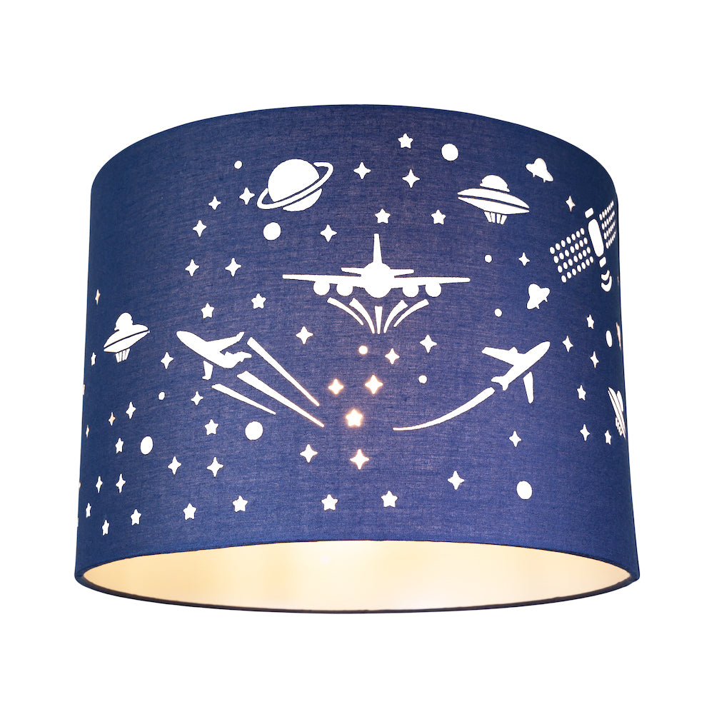 Stars and UFOs Decorated Children/Kids Midnight Blue Cotton Bedroom Lamp Shade Image 2