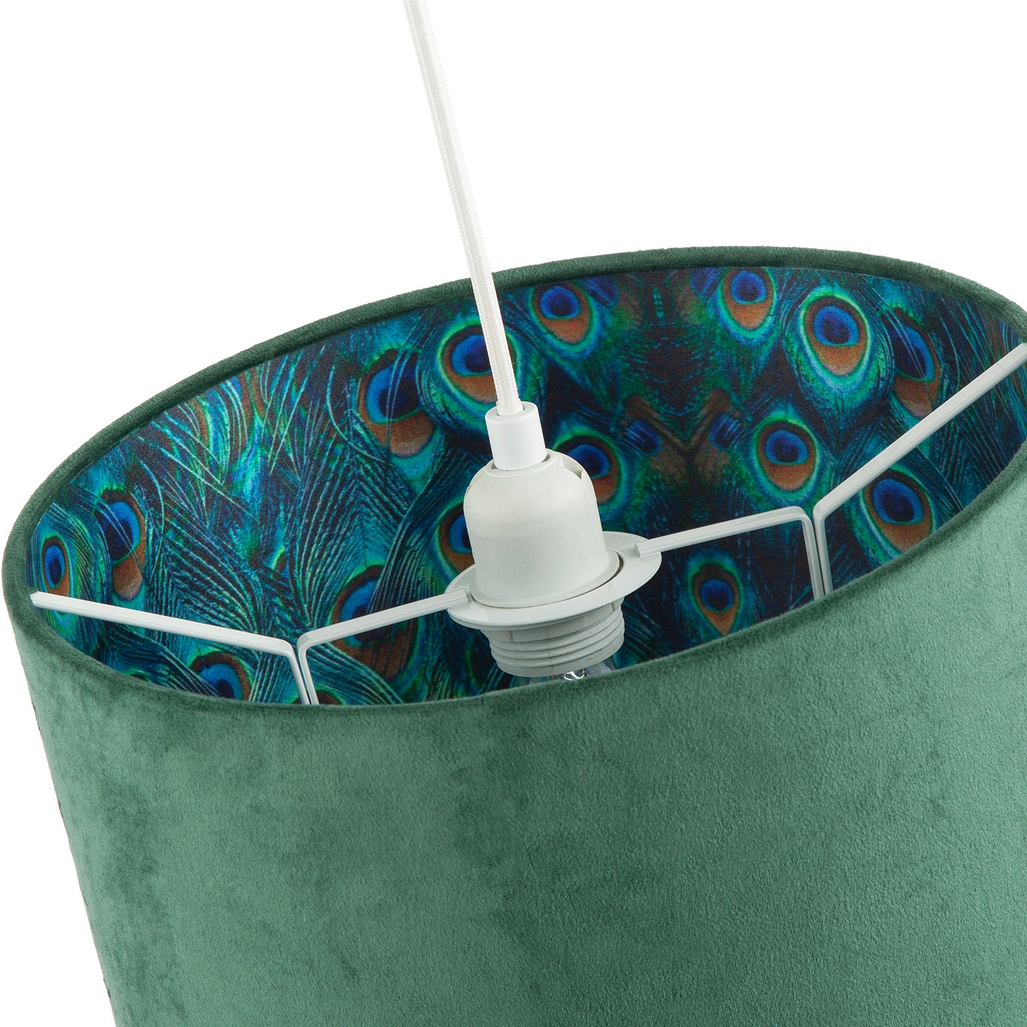 Forest Green Velvet Lamp Shade with Colourful Peacock Feather Inner Image 3