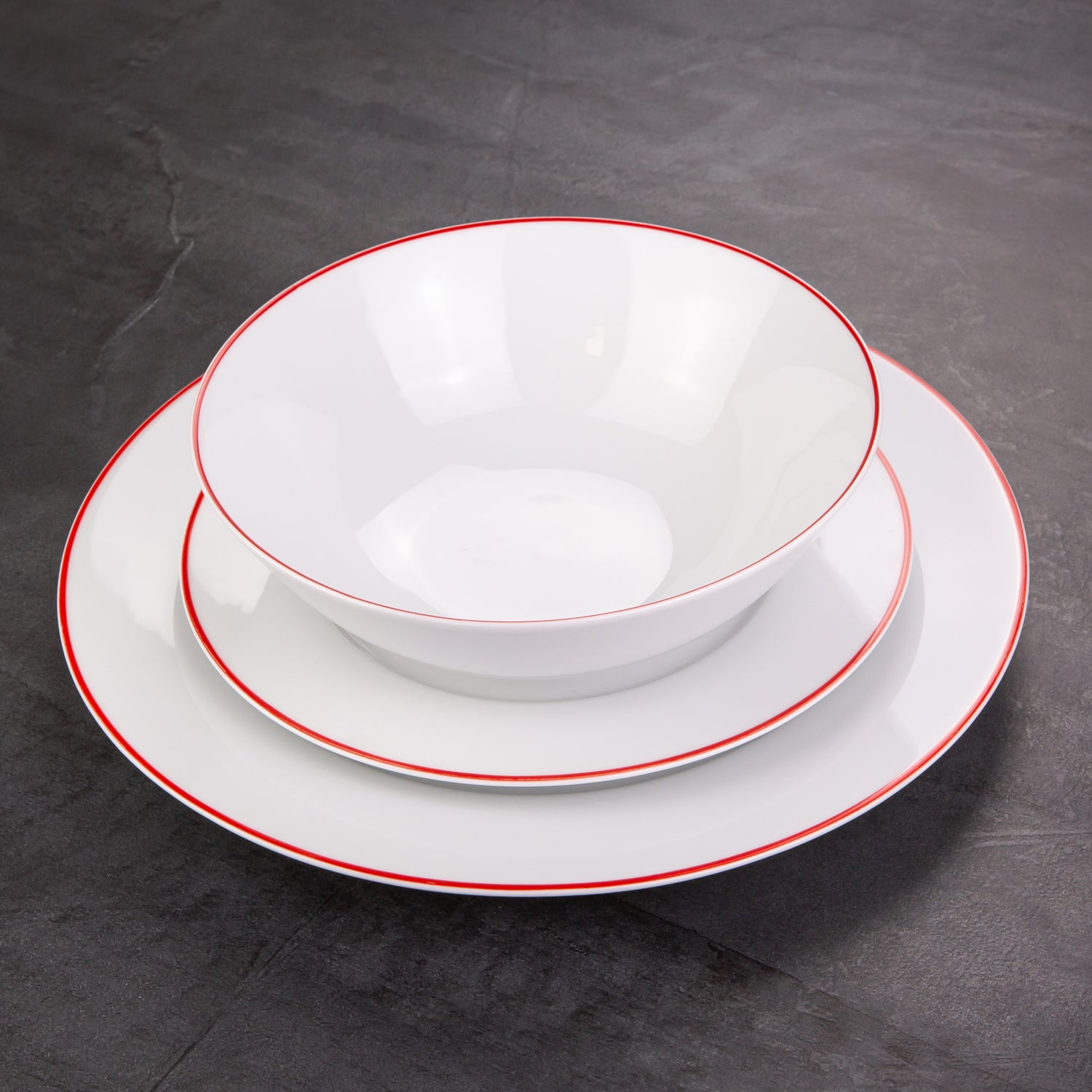Set of Durable White Ceramic Dinner Plates with Elegant Red Rim