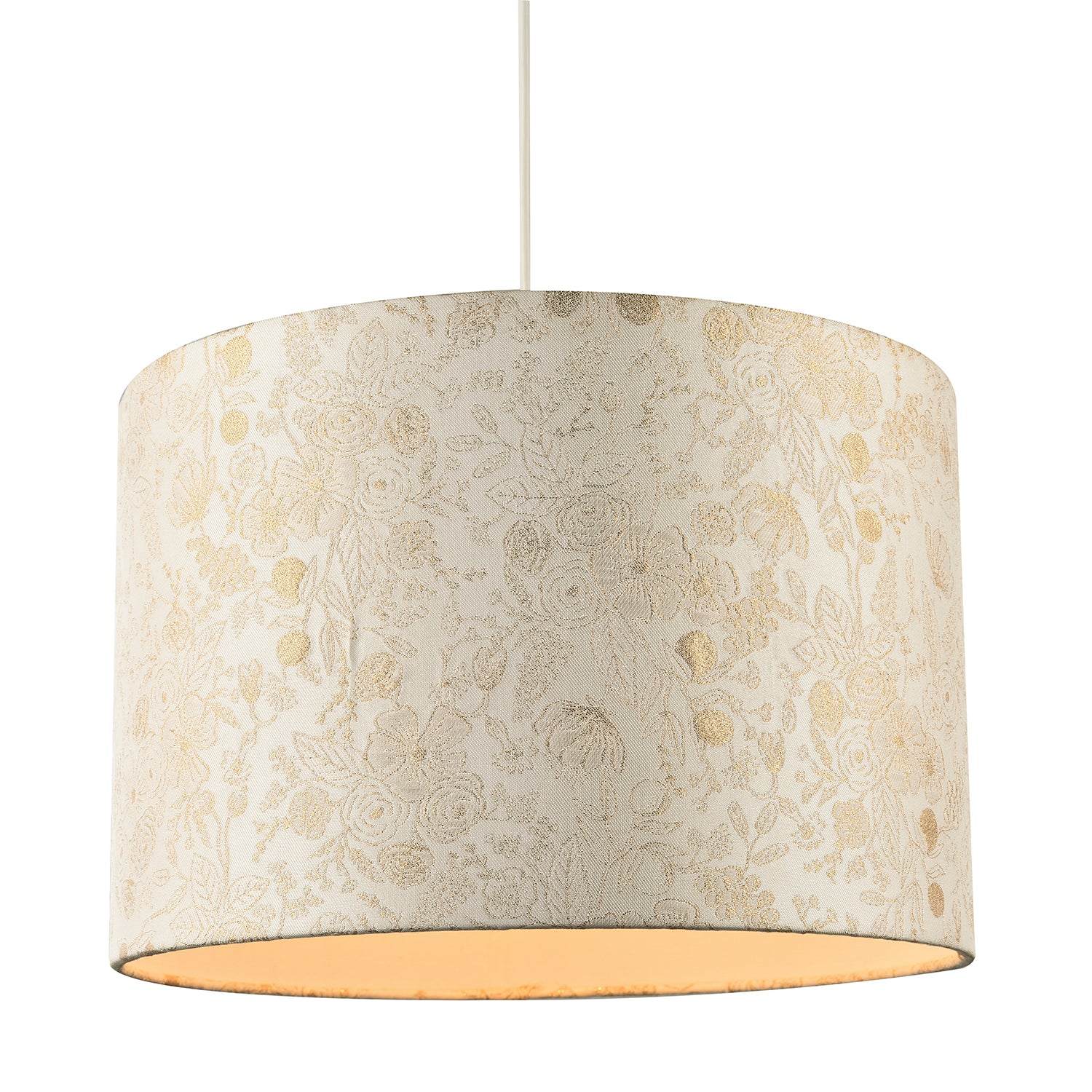 Chic Textured Off-Cream Jacquard Drum Shade with Gold Foil Decor Print Image 2