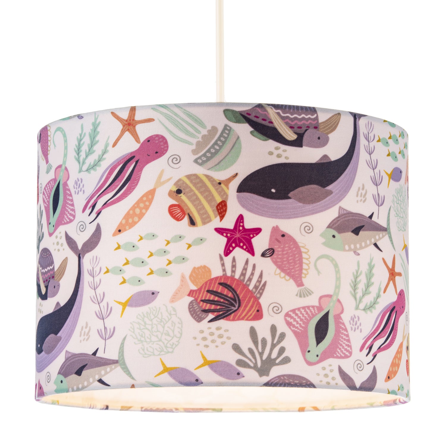 Underwater Designed Fabric Lampshade with Whales Turtles Tropical Fish Image 2