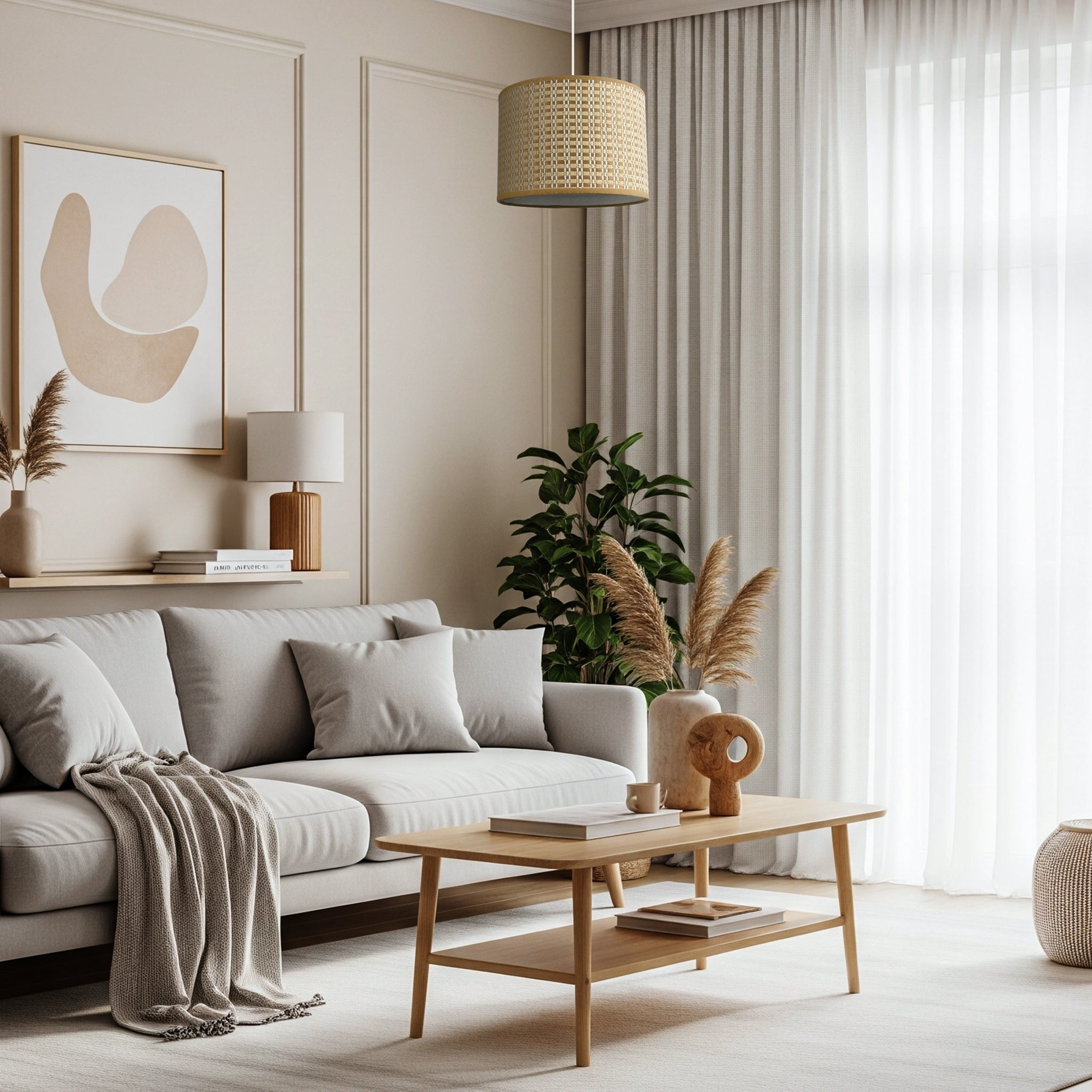 Vintage Reeded Paper Round Lamp Shade with Taupe Cotton Fabric Trims Image 6