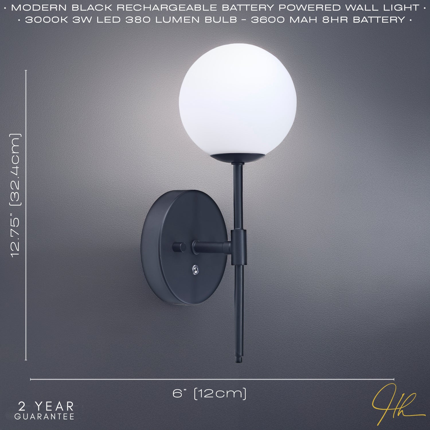 Matt Black Wireless Rechargeable Touch Dimmable Wall Light with Opal White Shade Image 5