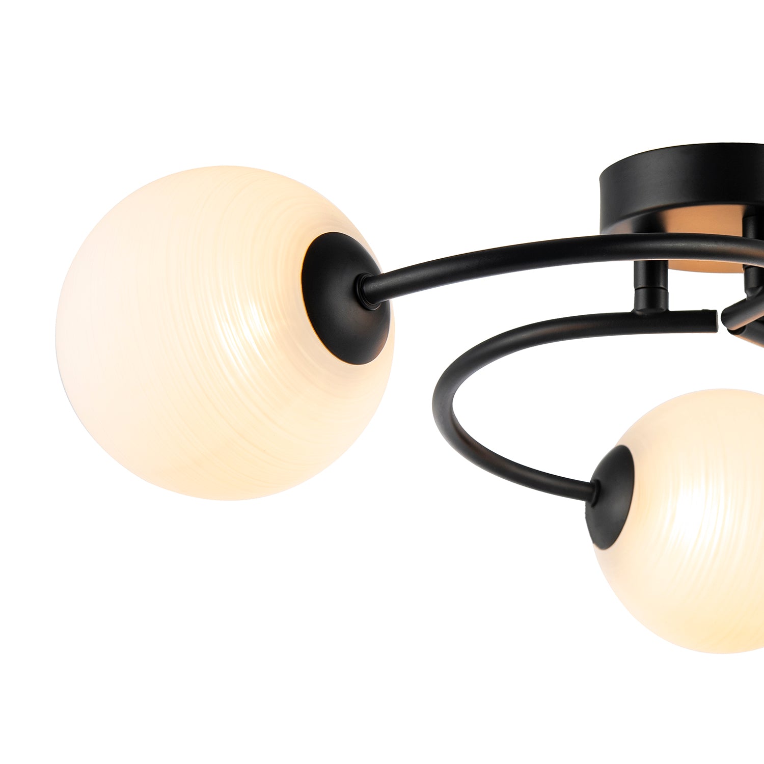 Modern 3-Arm Matte Black Ceiling Light with Opal Swirl Glass Spherical Shades Image 3