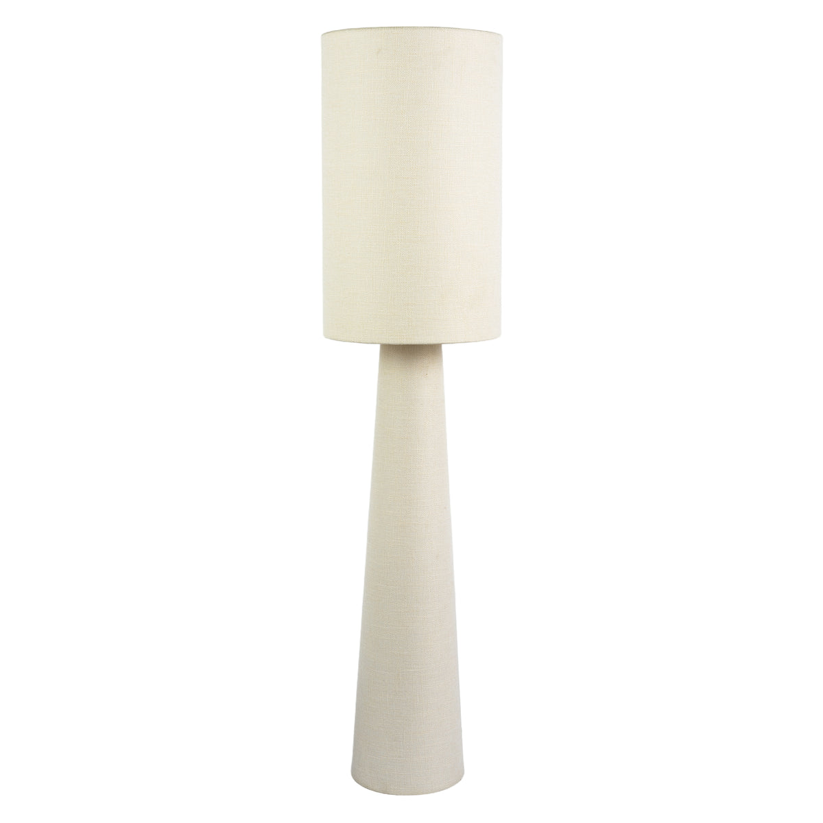 Modern Soft Cream Linen Fabric Floor Lamp with Drum Shade and Base Image 1