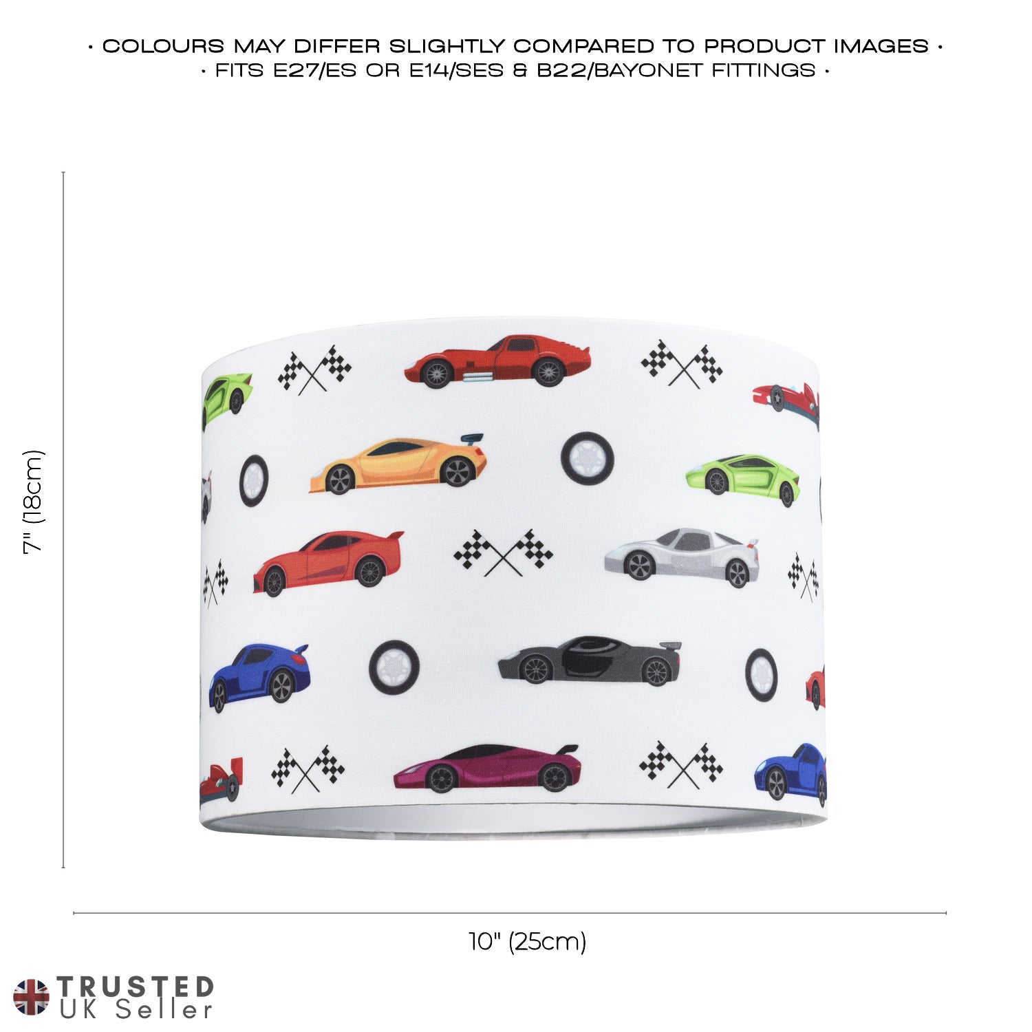 Modern and Colourful Racing Cars Kids Cotton Fabric Round Drum Lamp Shade - 25cm Image 7