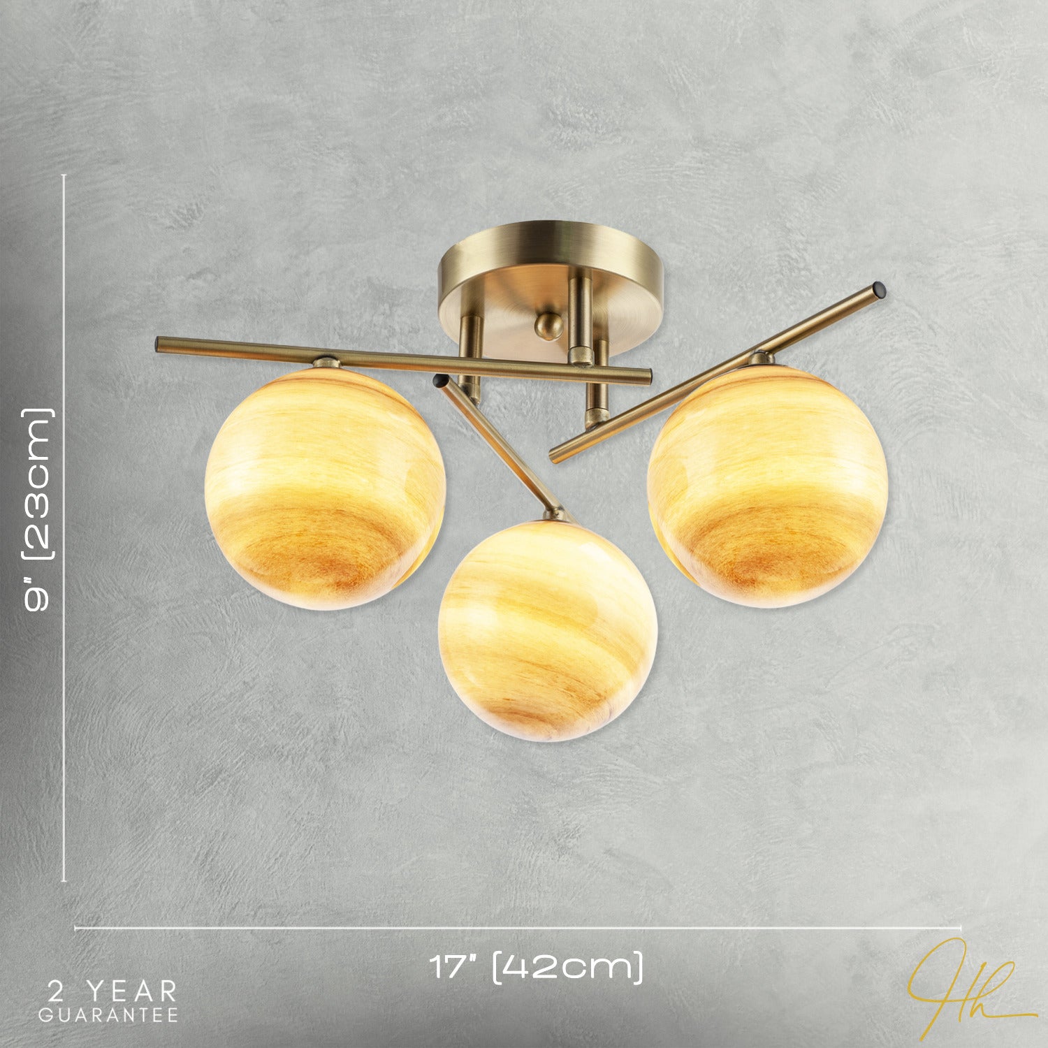 Modern Antique Brass Ceiling Light with Amber Tone Marble Glass Shades Image 7