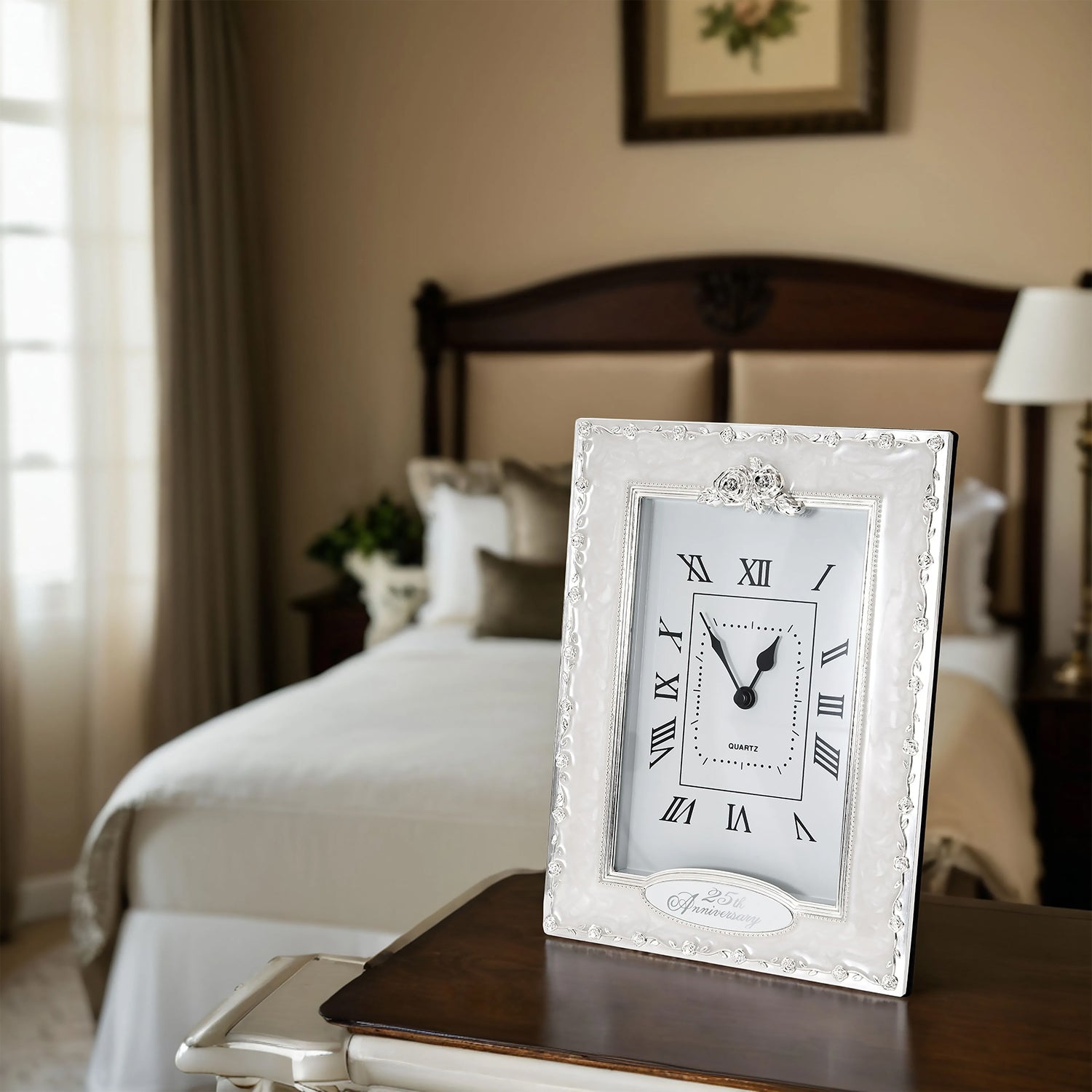 25th Anniversary Clock in White Epoxy with Silver Plated Roses and Diamantes Image 4