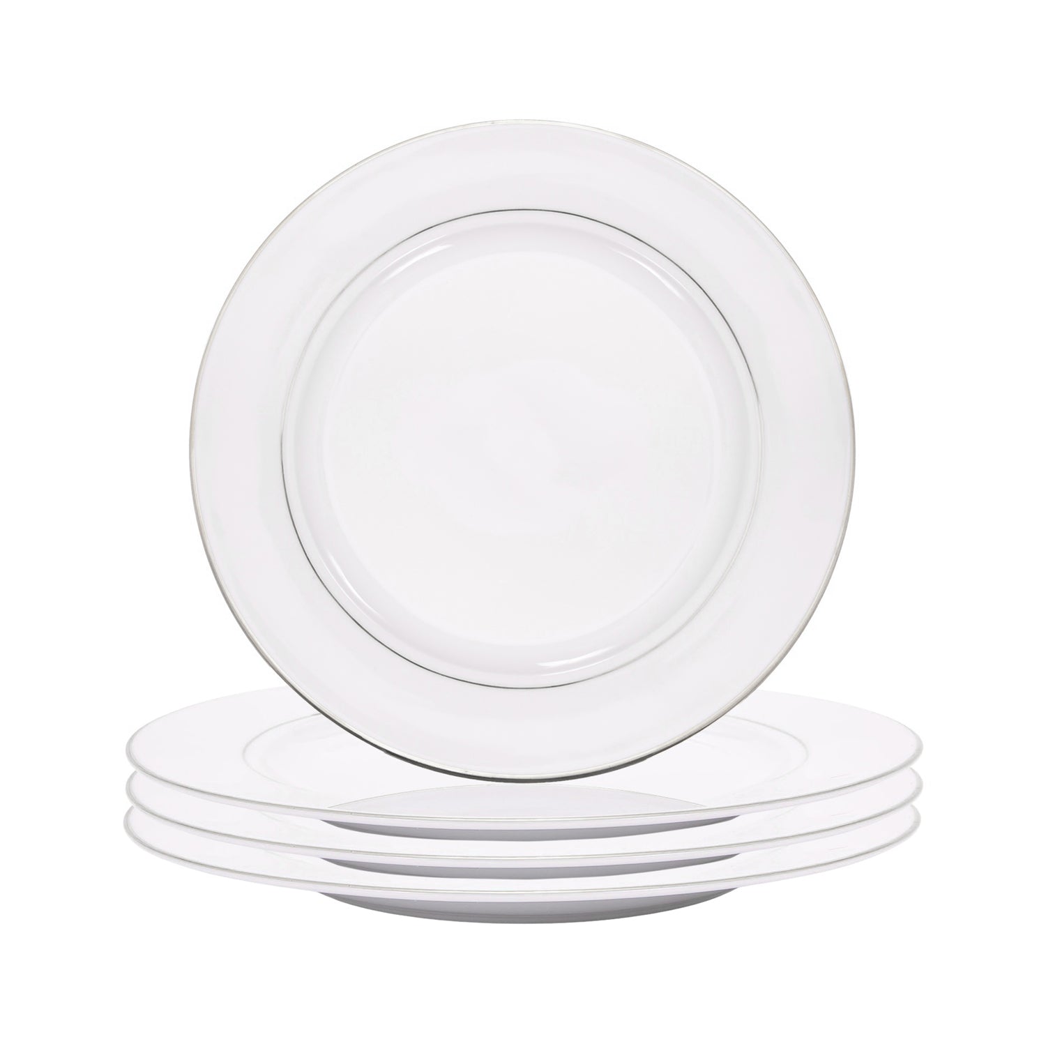 Set of 4 Durable White Ceramic Side Plates with Dual Shiny Silver Metallic Rims Image 1