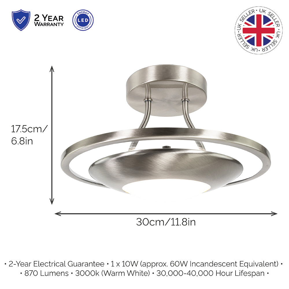 Modernistic Semi Flush Eco Friendly LED Ceiling Light Fitting in Satin Nickel Image 2