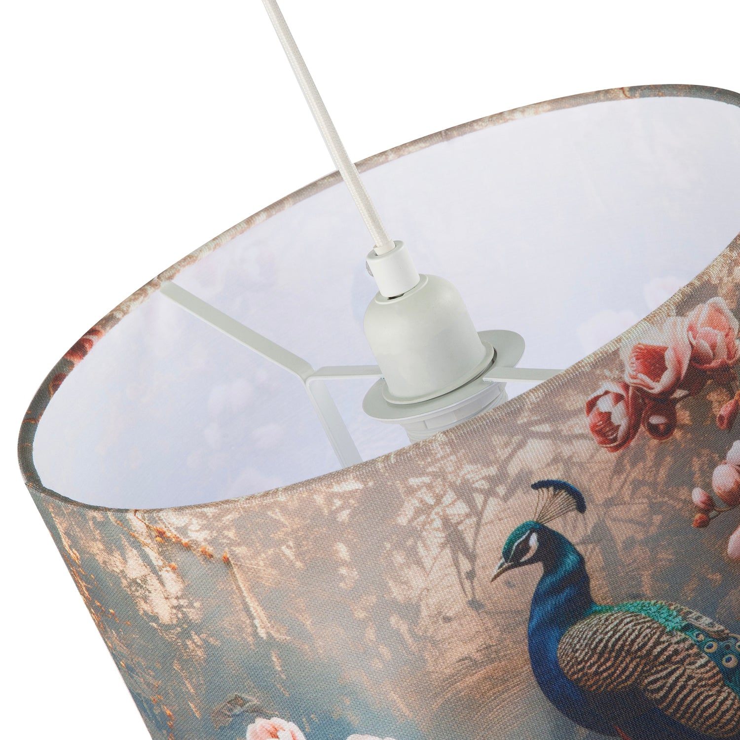 Dark and Moody Peacock Design Linen Fabric Lamp Shade with Pink Roses Image 4