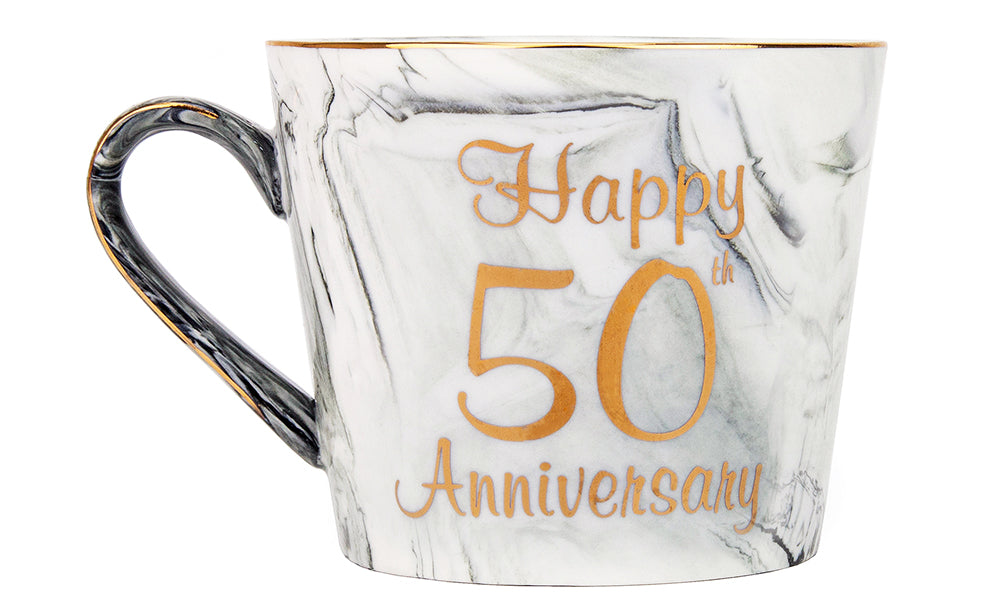 Beautiful 50th Anniversary Grey and Pink Marble Ceramic Mugs with Golden Trim Image 2