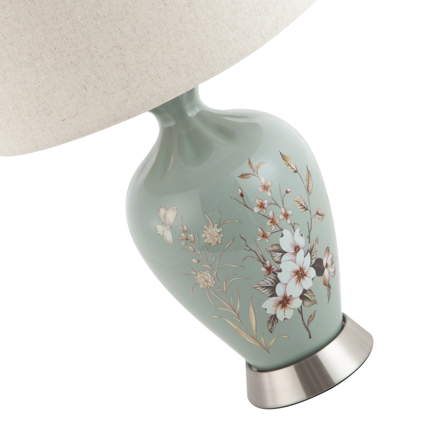 Traditional Ceramic Lamp Base in Dusty Duck Egg with Foliage and Floral Decor Image 2