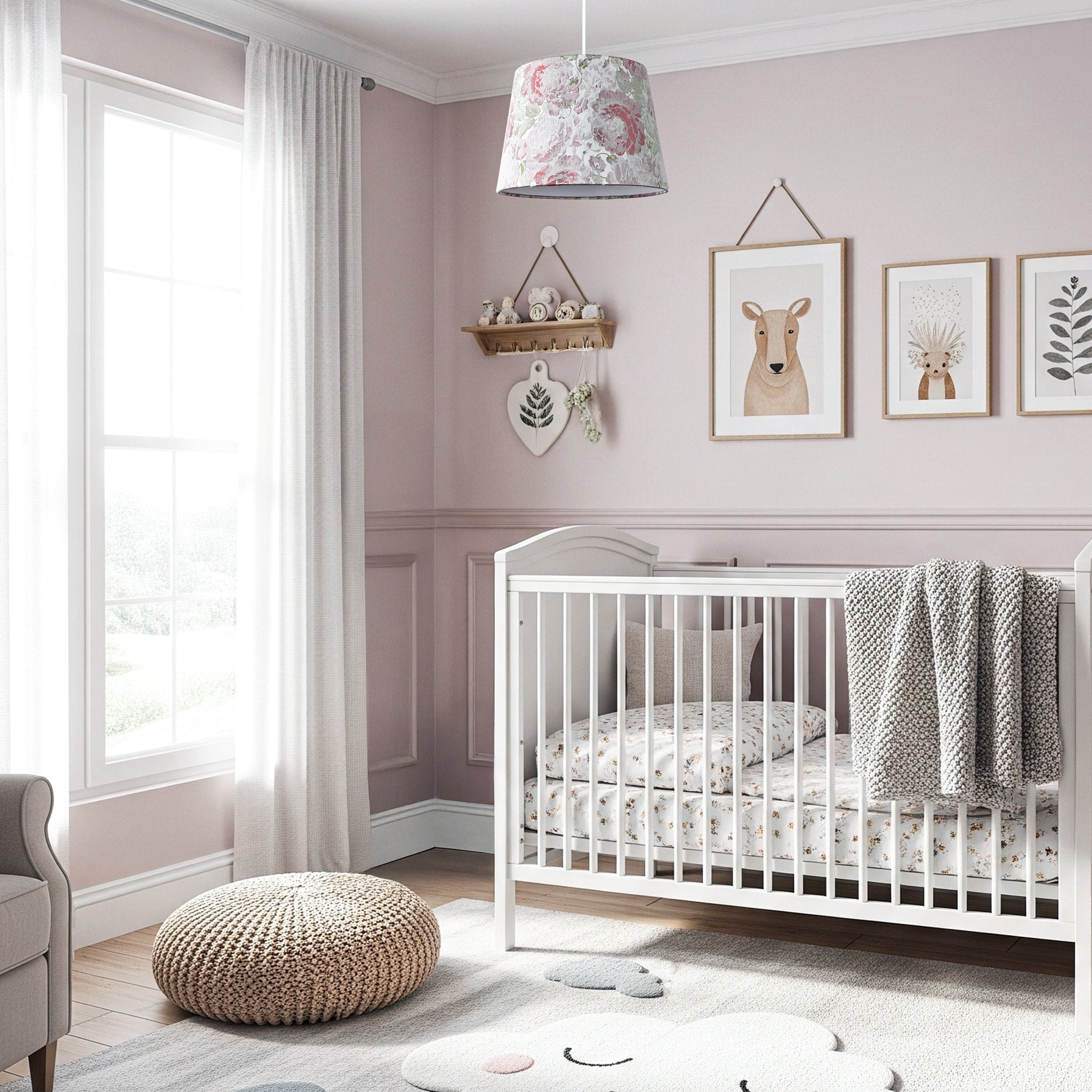 Pink Rose Floral Designed Drum Lamp Shade in Jacquard Cotton Fabric Image 6