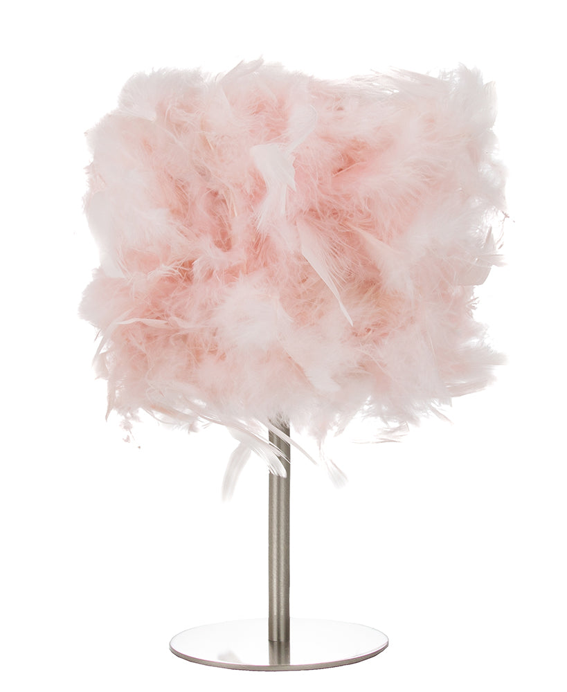 Modern and Chic Real Pink Feather Table Lamp with Satin Nickel Base and Switch Image 1