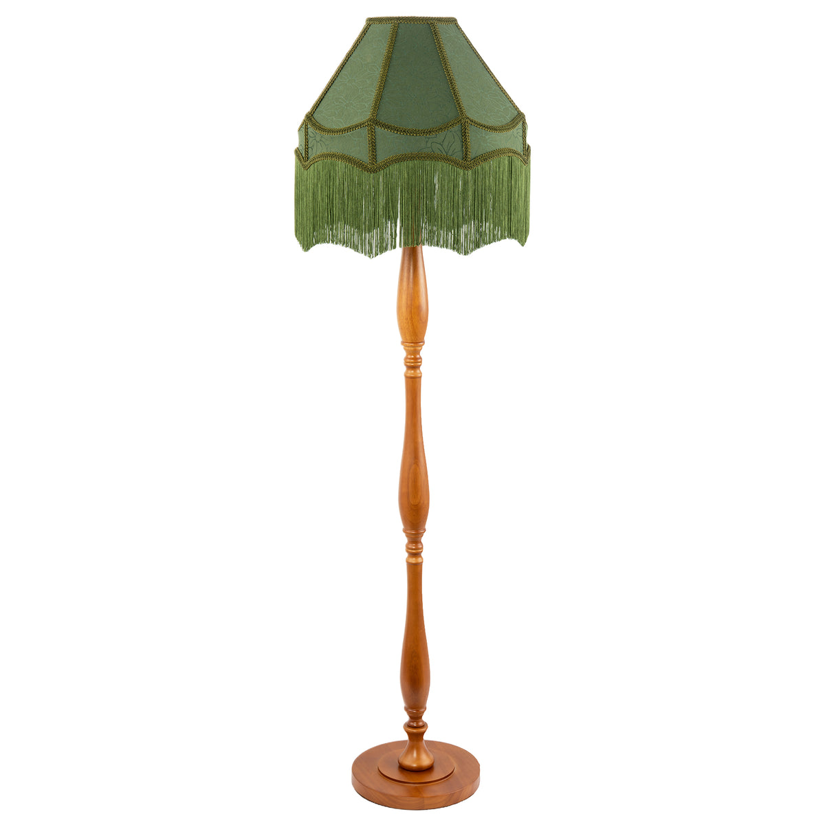 Classic Oak Wooden Floor Lamp with Green Velvet Victorian Style Shade Image 1