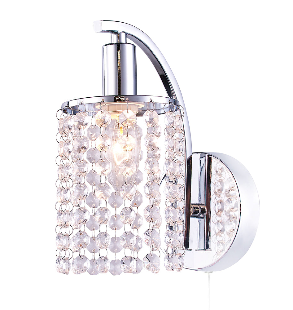 Modern Pull Switched Chrome Plated Wall Light Fitting with Crystal Glass Beads Image 1