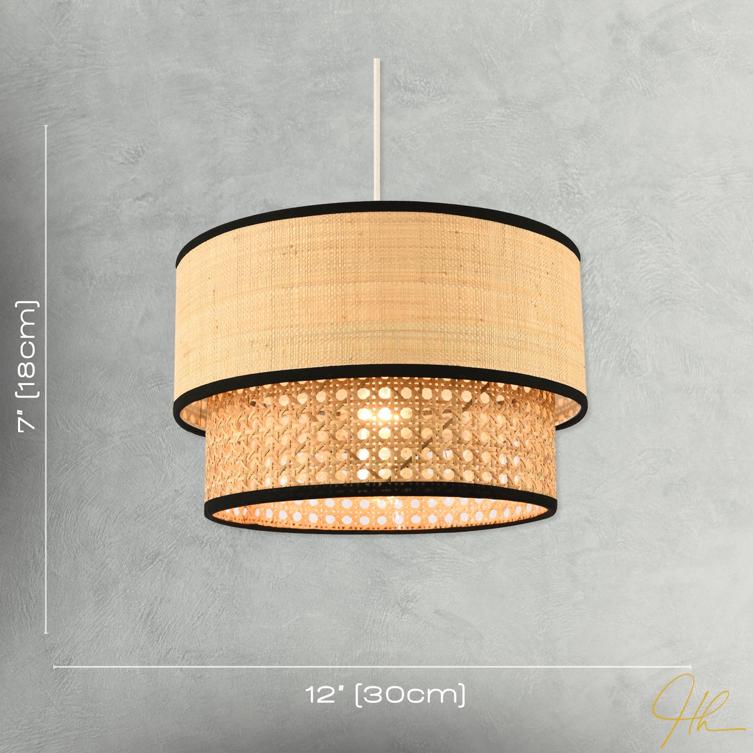 Modern Double Tier Real Natural Rattan Pendant Shade with Black Trims Image 7