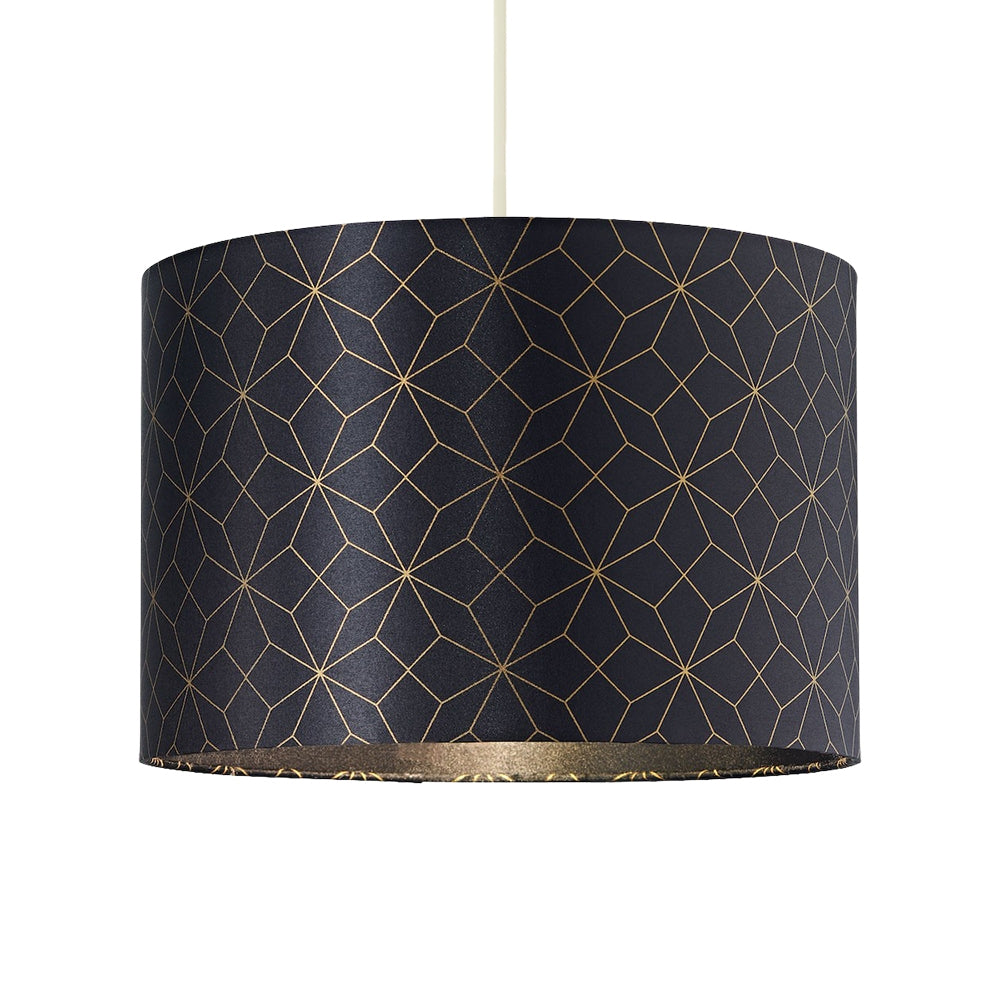 Modern and Vivid Black Satin Fabric Geometric 12" Lampshade with Gold Lines Image 2