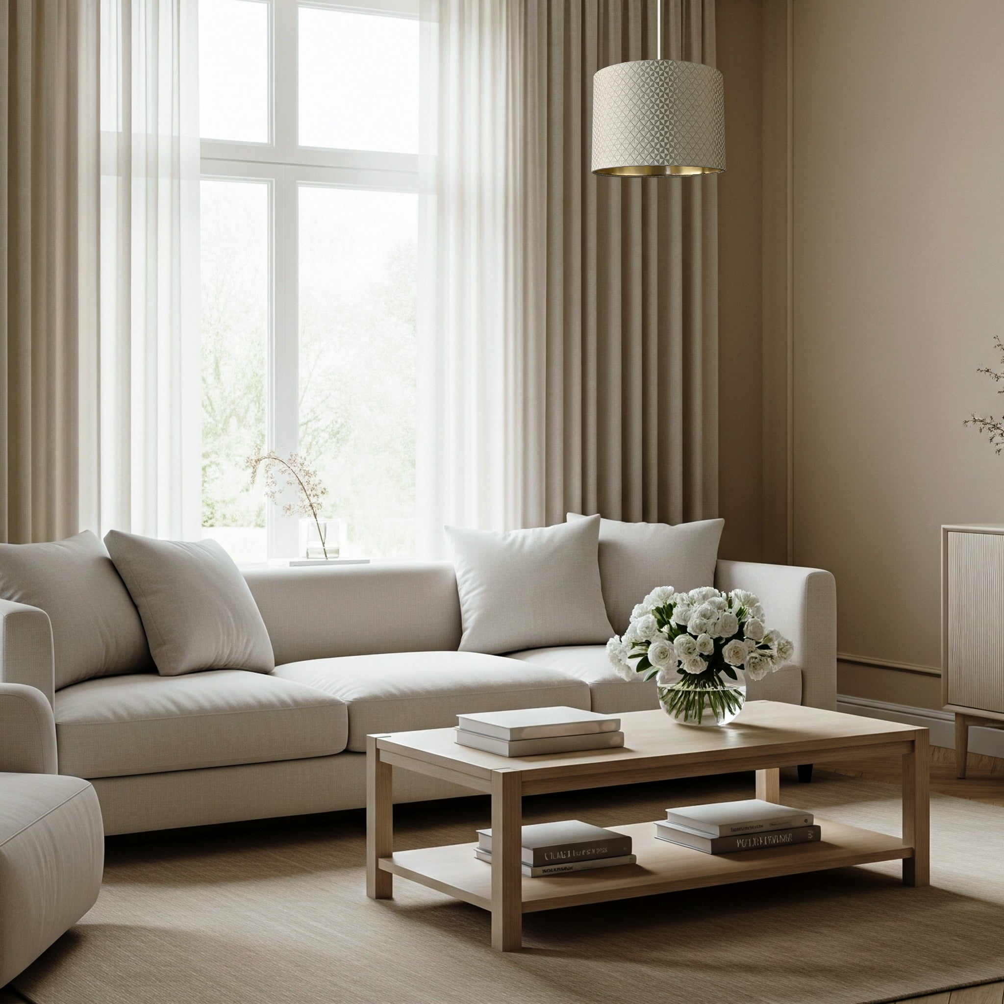 Light Shimmer Taupe Drum Lamp Shade with Inner Champagne Gold Lining Image 6