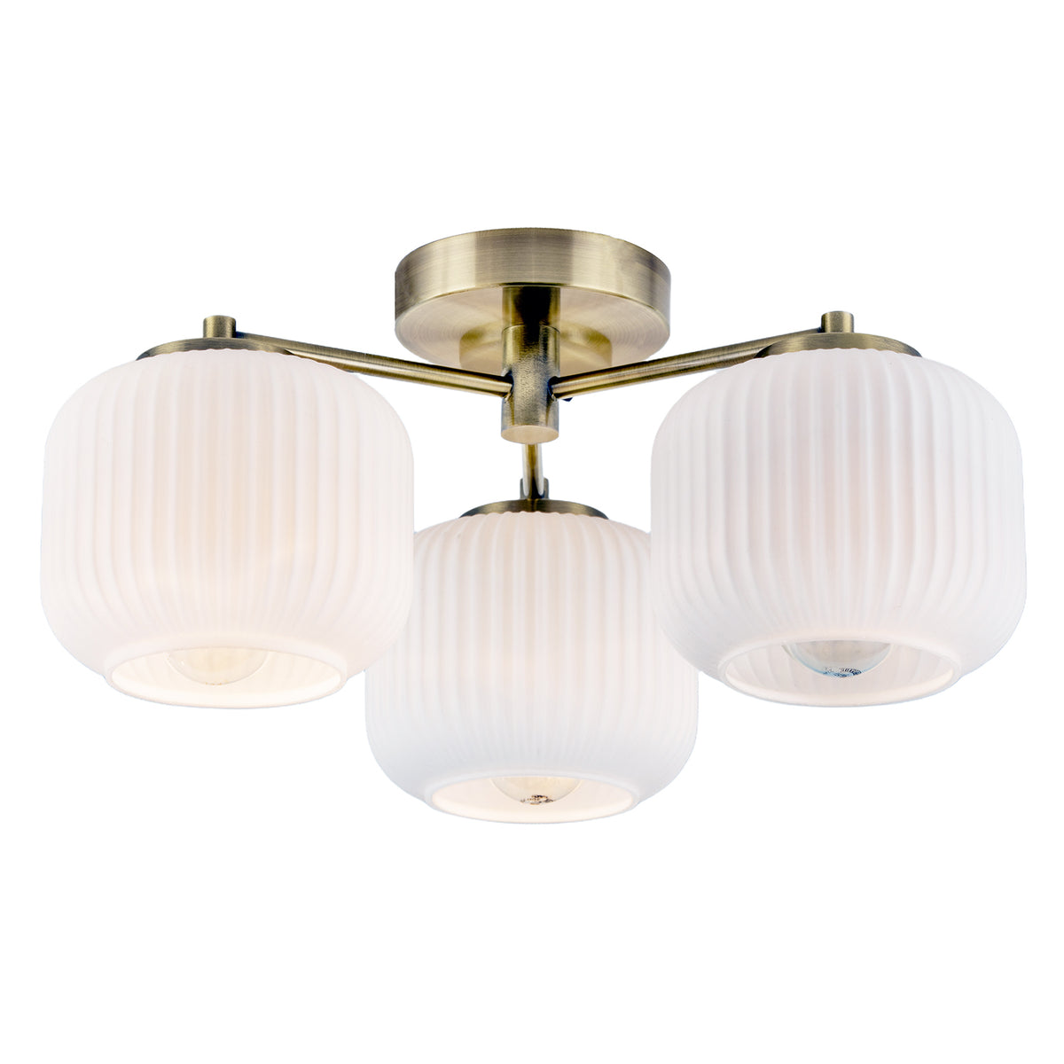 Modern Antique Brass Semi Flush Ceiling Light with Ribbed Glass Shades Image 2