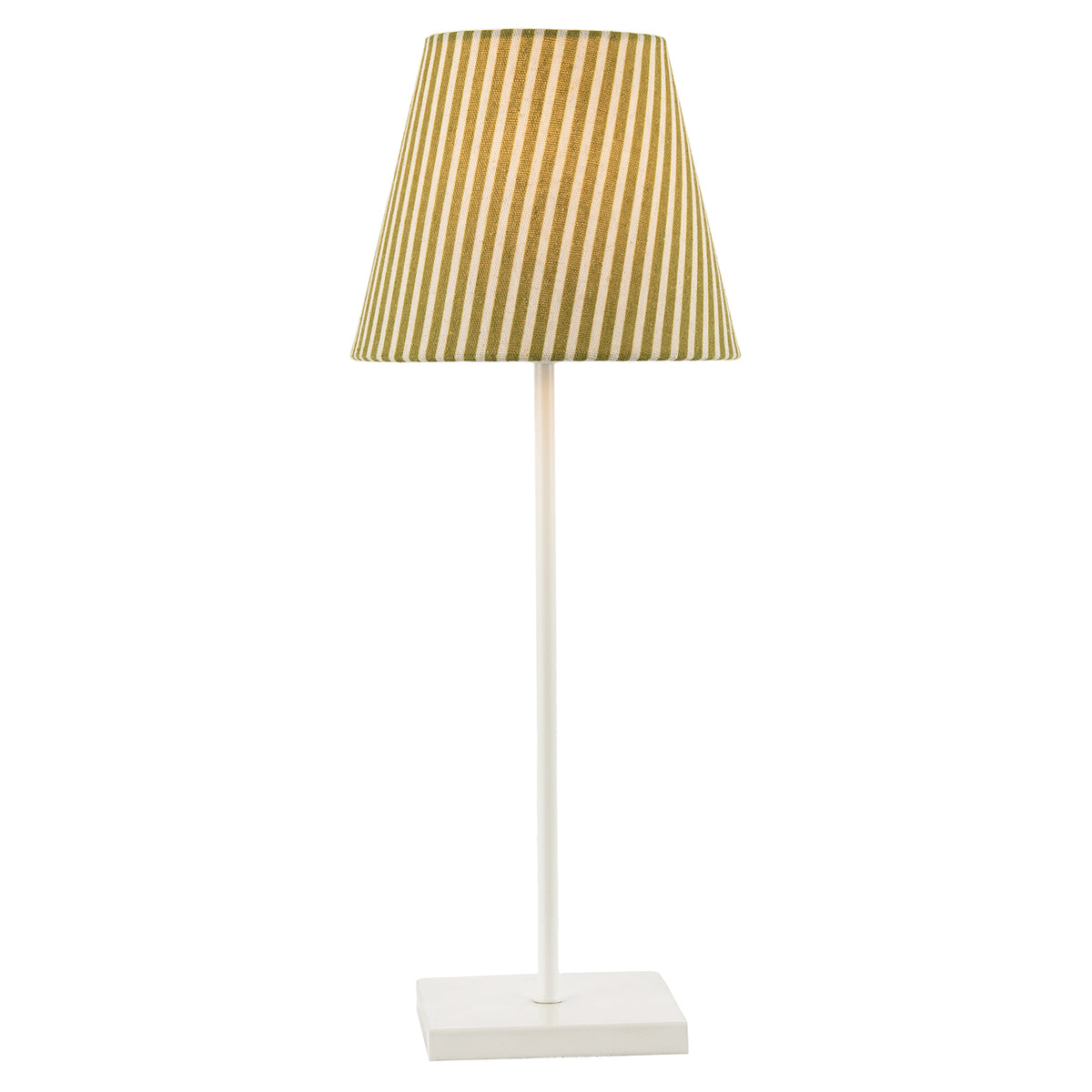 Olive Green and White Cotton Fabric Striped Table Lamp with White Base Image 2