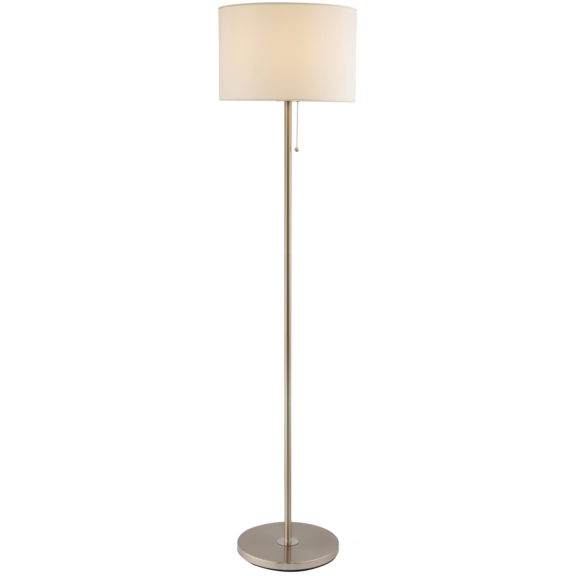 Classic Brushed Satin Nickel Floor Lamp with Metal Pull Switch and Cotton Shade Image 1