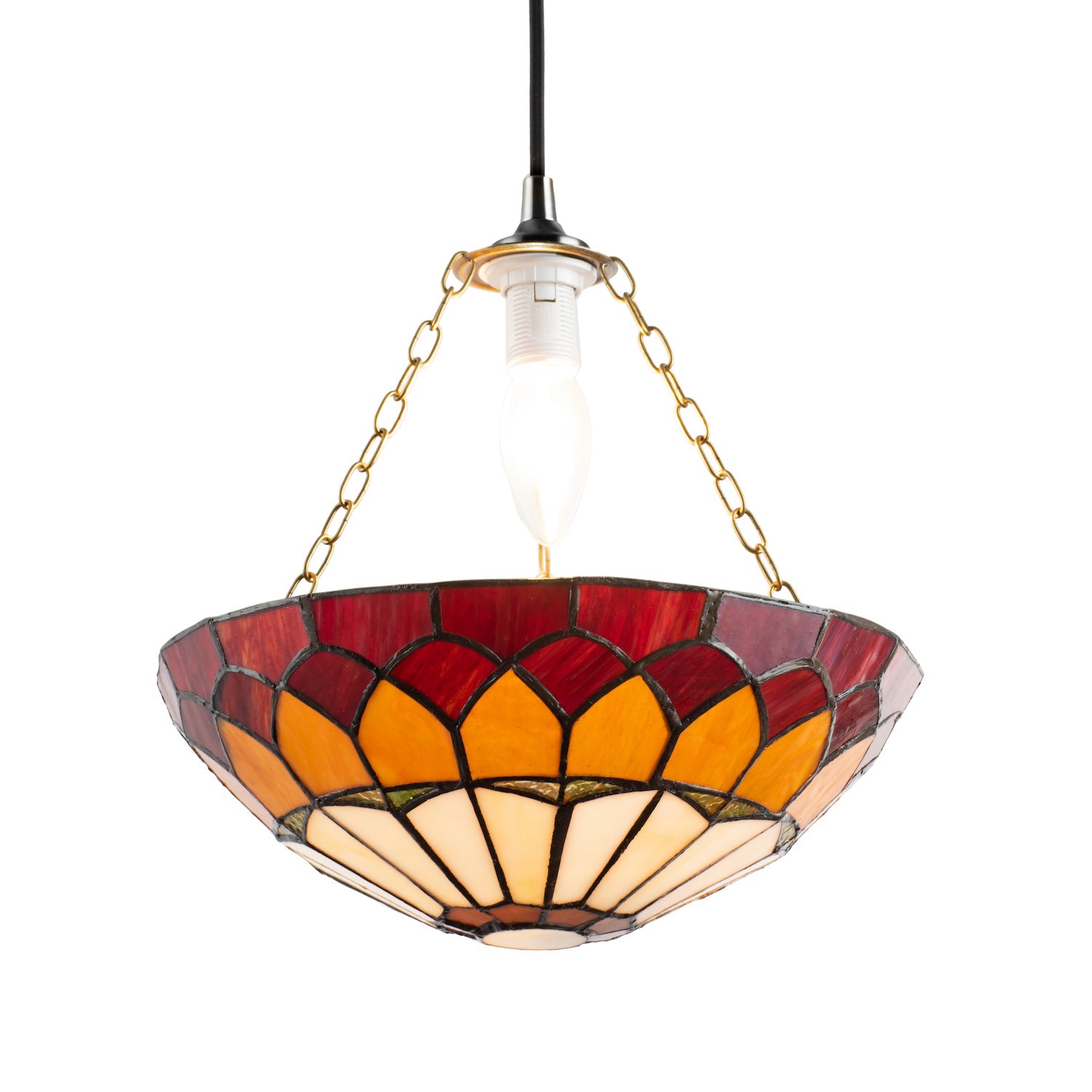 Amber and Red Stained Glass Domed Tiffany Pendant Lamp Shade with Chain Image 2