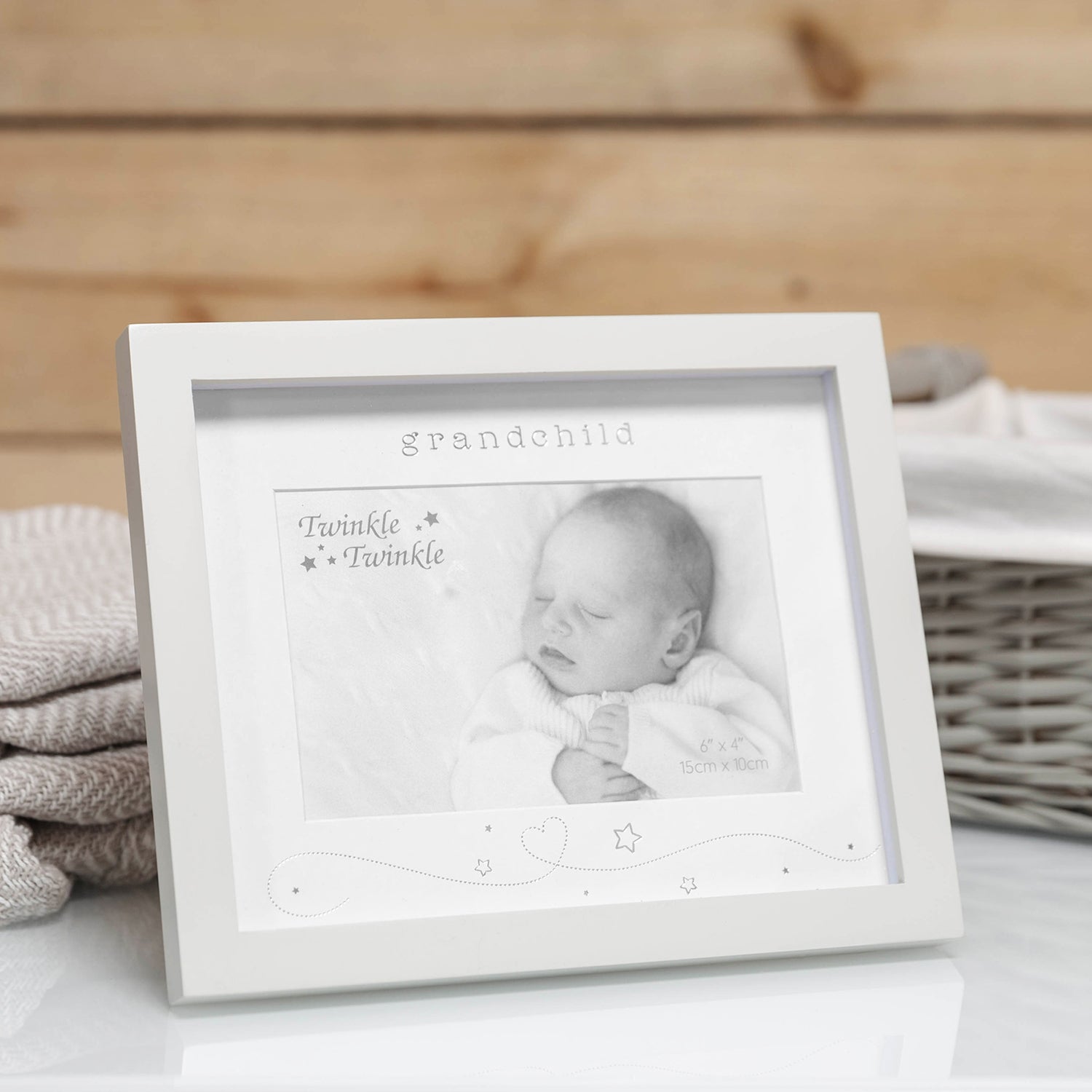 Dove Grey Grandchild Picture Frame with Silver Foil Letters and Small Stars Image 3