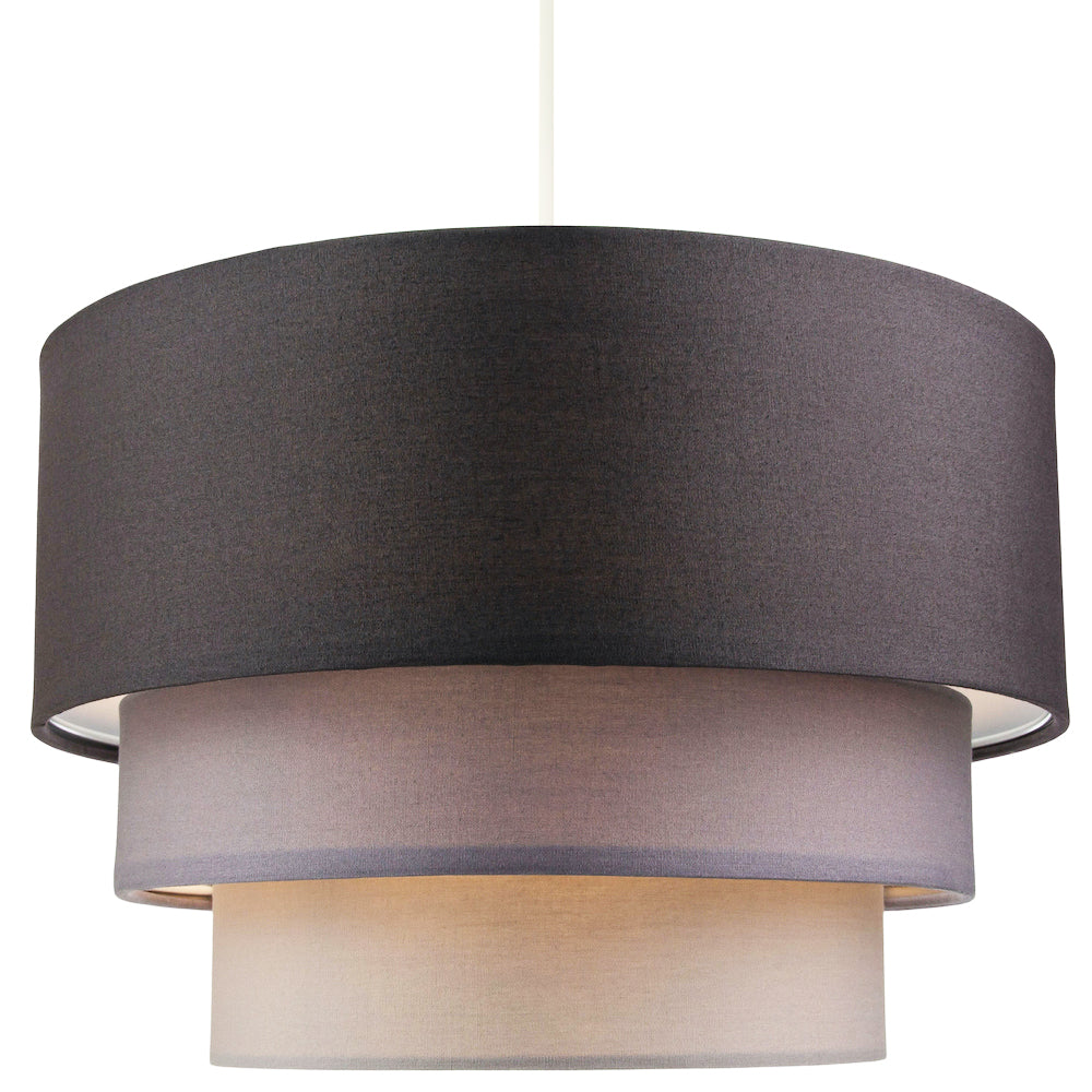 Contemporary Round Triple Tier Soft Grey Cotton Fabric Pendant Light Shade Image 2