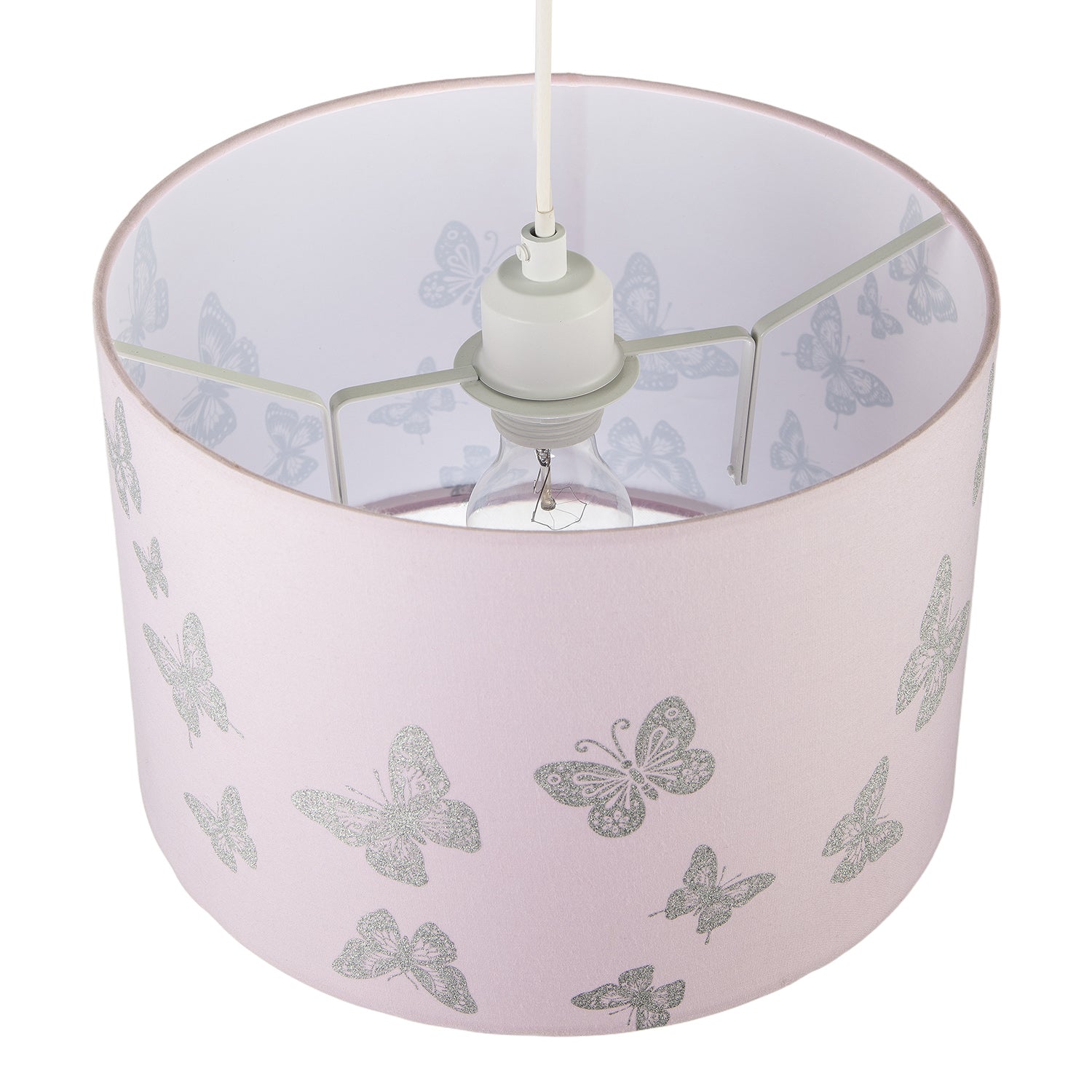 Modern Feminine Soft Pink Lamp Shade with Silver Glitter Butterflies Image 3