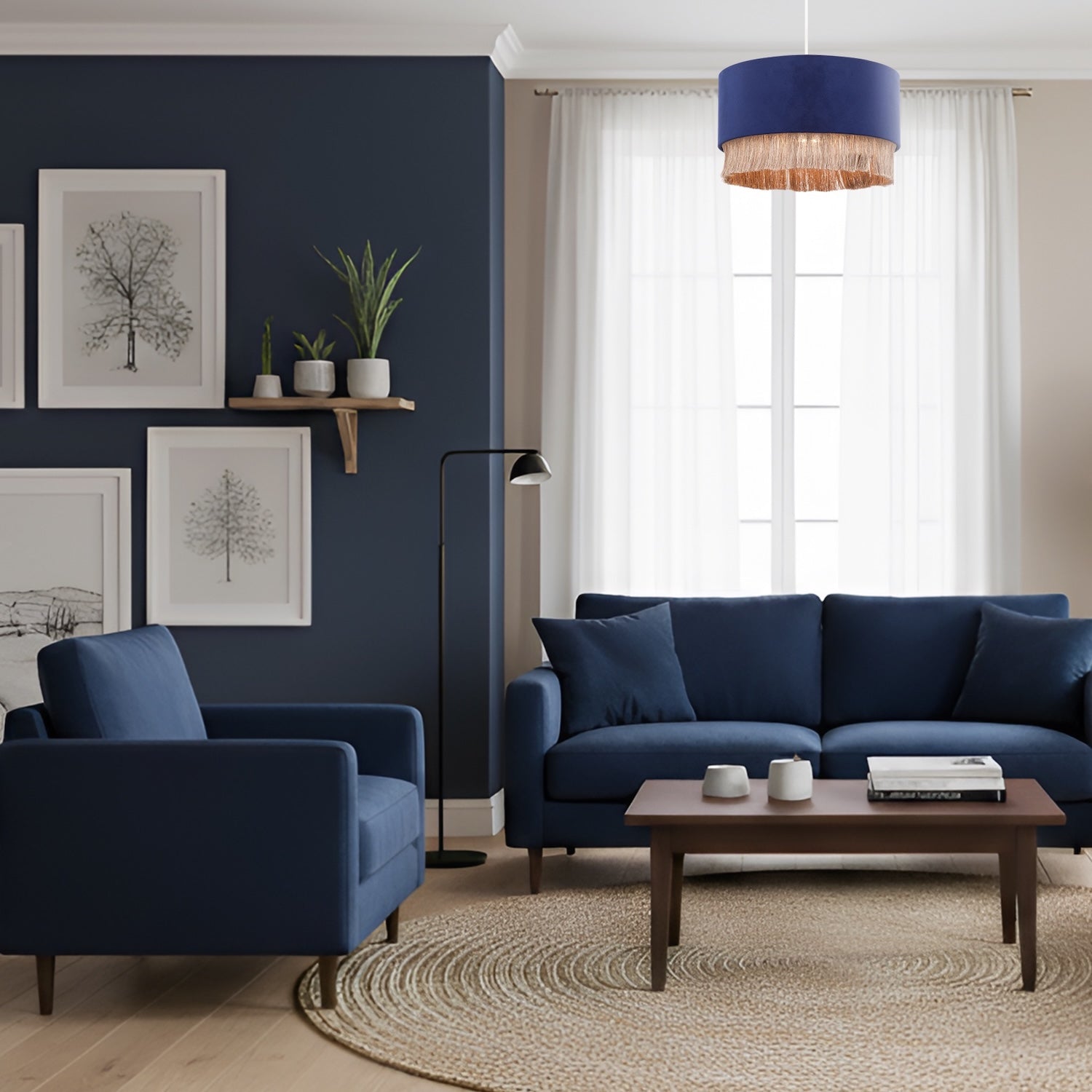 Modern Midnight Blue Velvet Pendant Light Shade with Gold Tassels Image 7