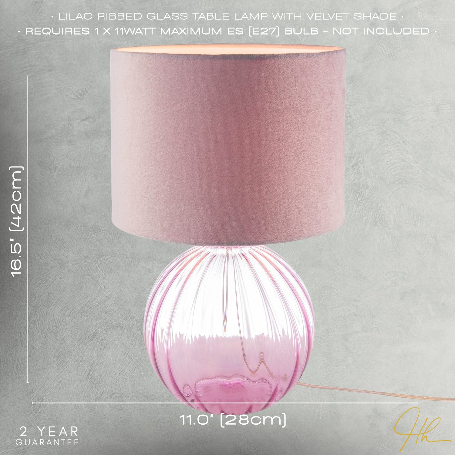 Contemporary Lilac Ribbed Glass Table Lamp with Velvet Fabric Shade Image 7