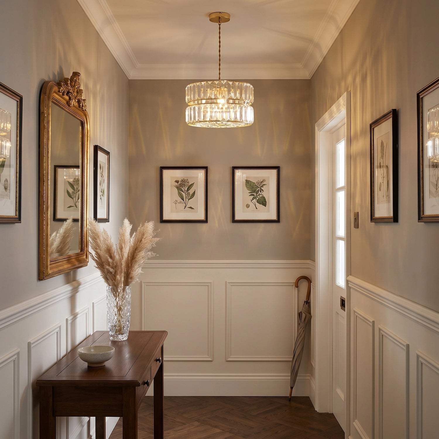 Chic Double Tier Gold Pendant Light Shade with Rows of Acrylic Prisms Image 6