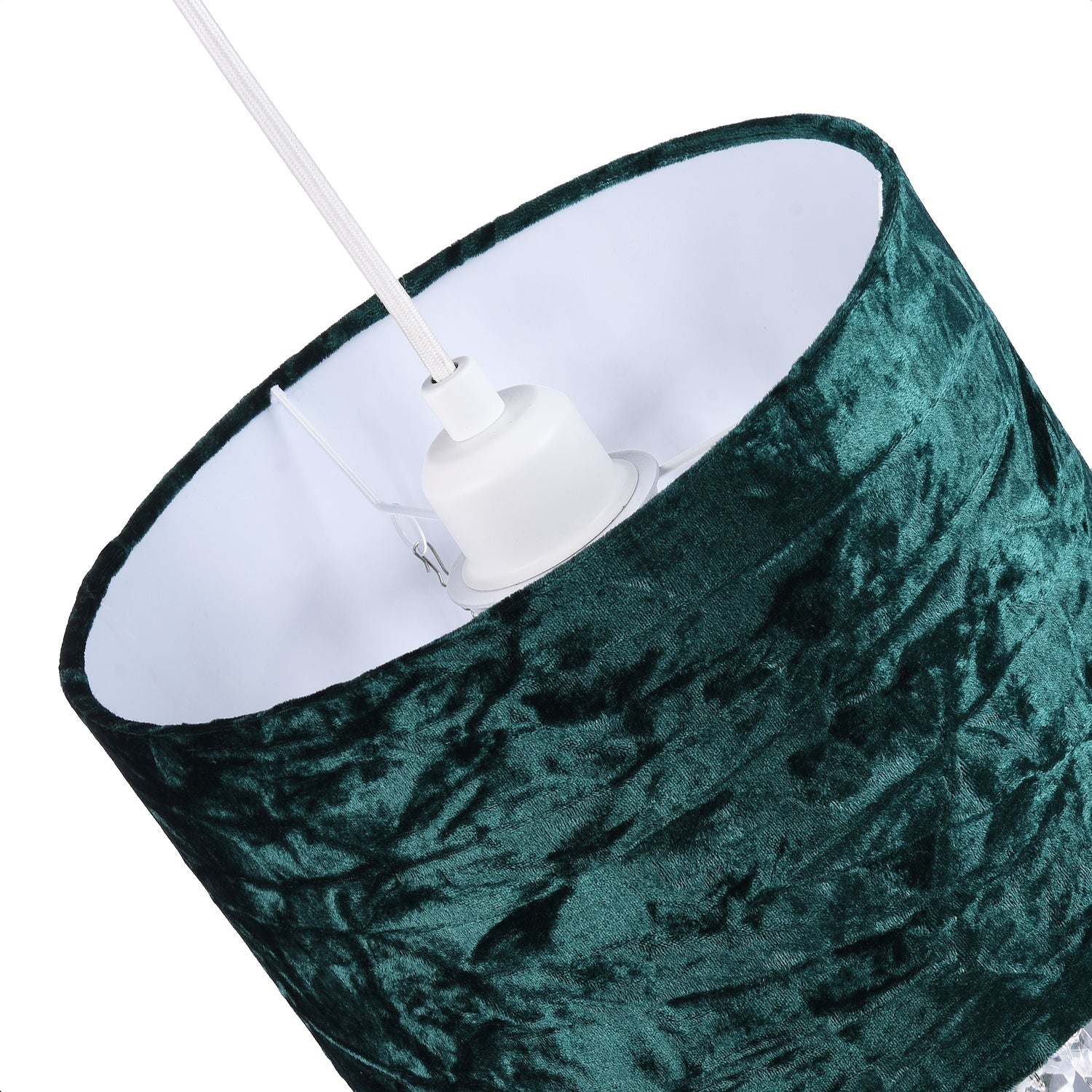 Modern Forest Green Crushed Velvet Pendant Shade with Clear Acrylic Droplets Image 4