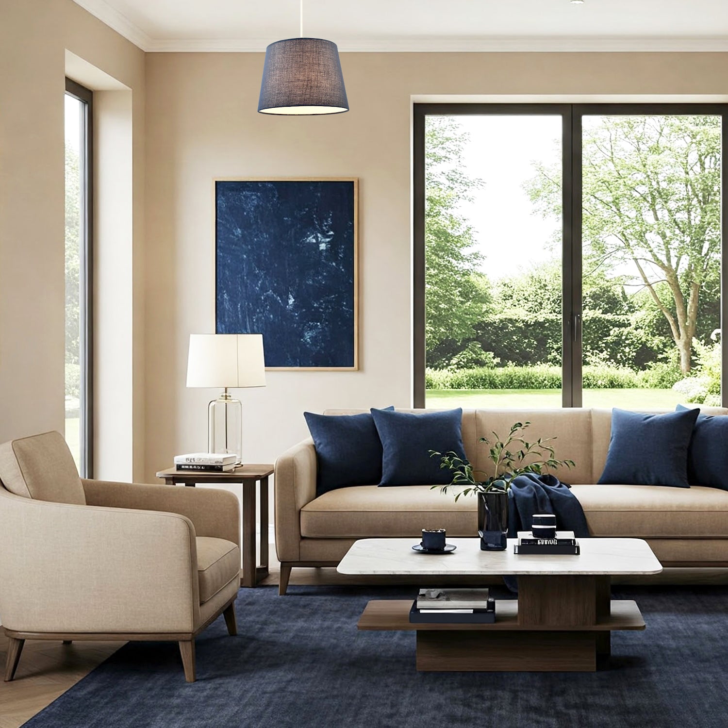 Modern Denim Effect Navy Midnight Blue Linen Fabric Drum Lamp Shade Image 7