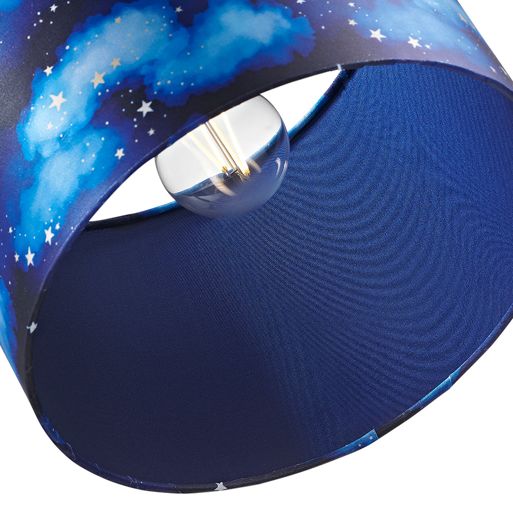 Modern Navy Blue Childrens Lamp Shade with Bright Gold Stars and White Clouds Image 4