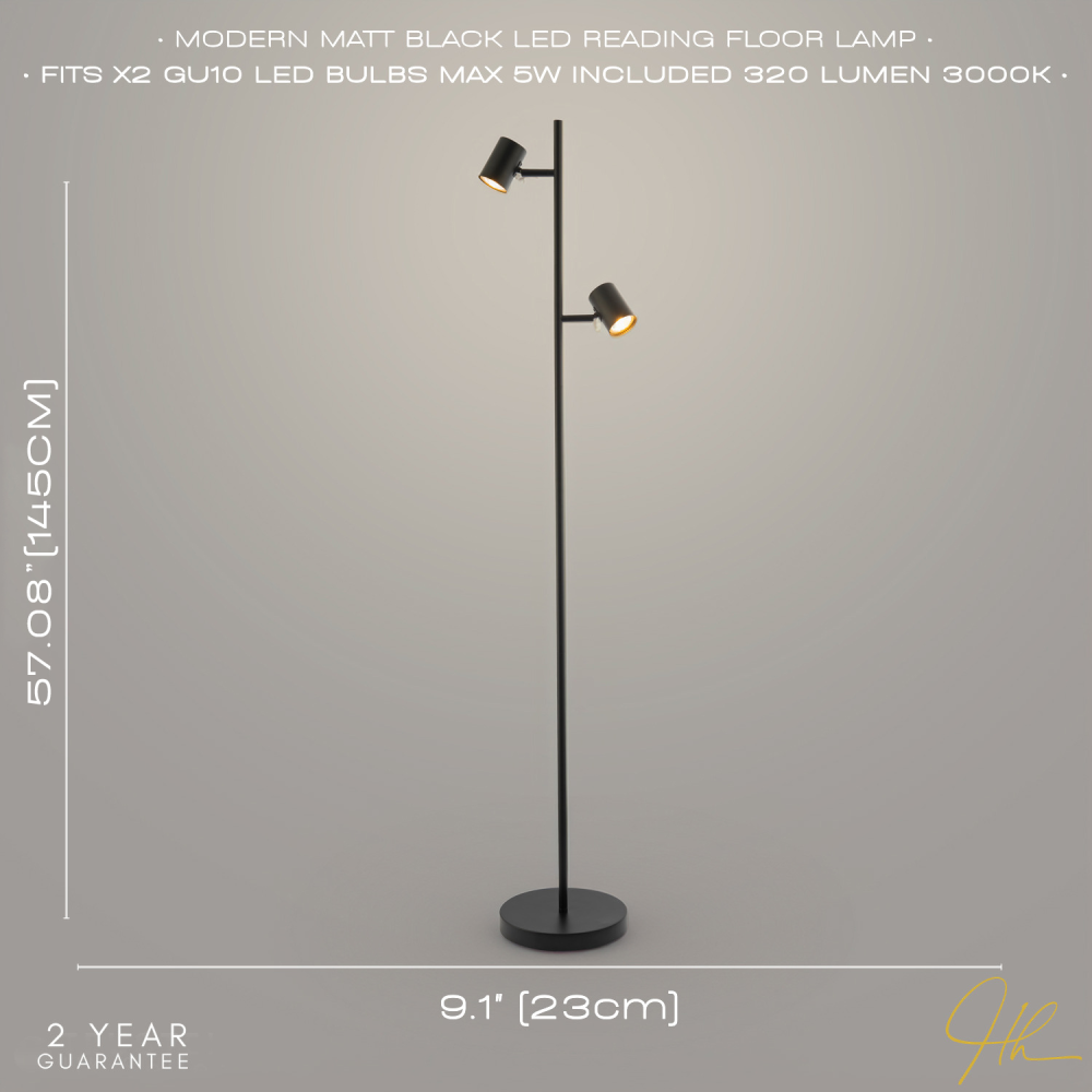 LED Double Spot Black Metal Floor Lamp with Foot Switch and Adjustable Heads