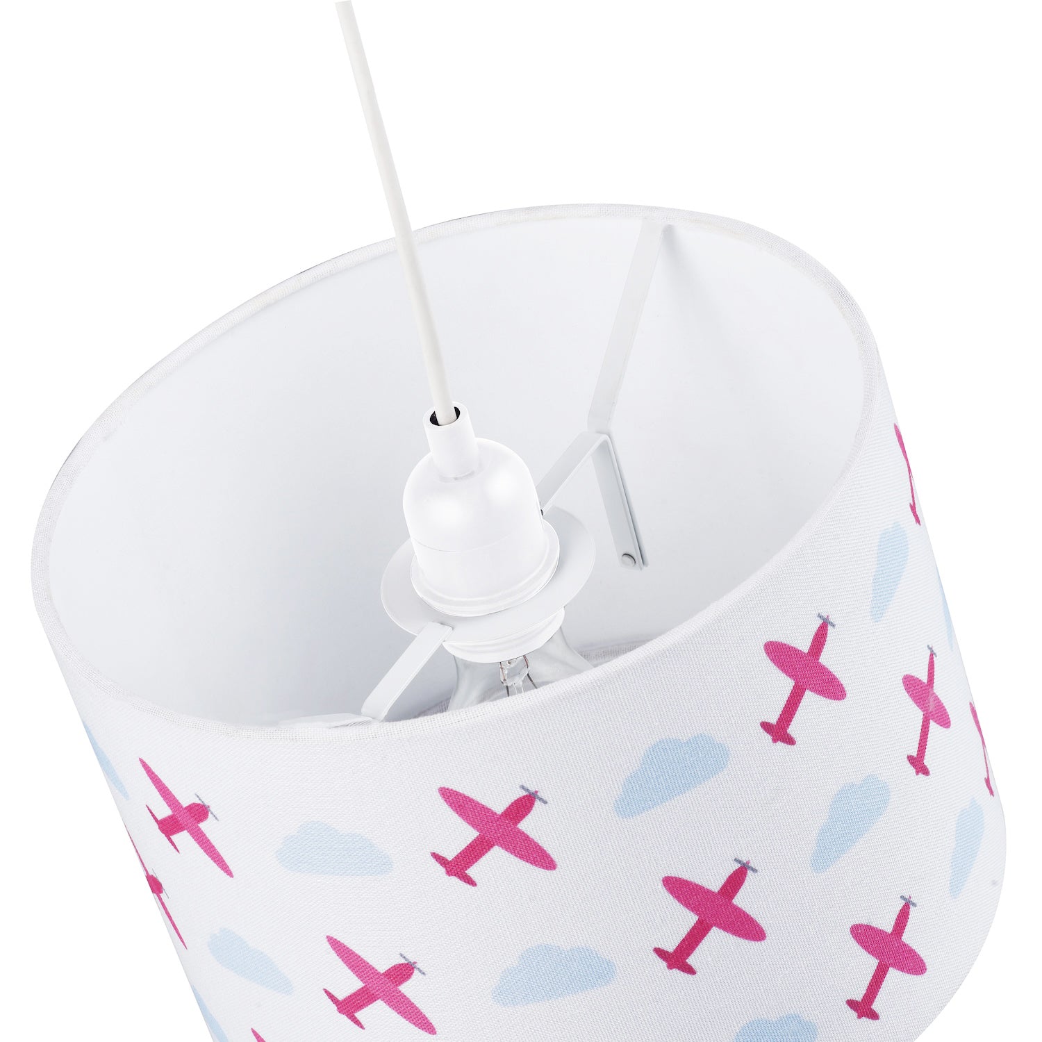 Childs Linen Fabric Drum Lamp Shade with Red Planes and Blue Clouds with Lining Image 2