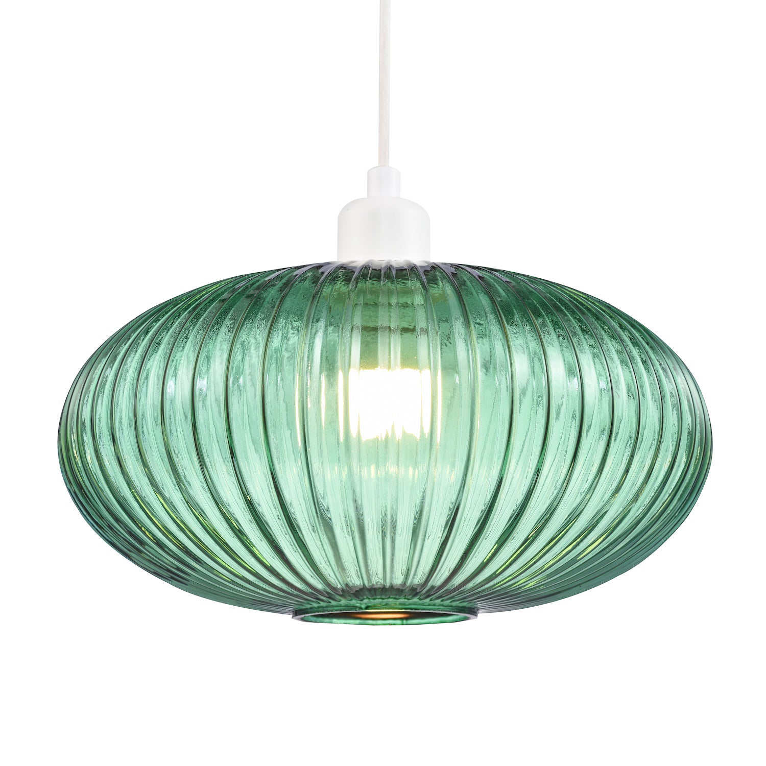 Modern Designer Emerald Forest Green Line Ribbed Glass Oval Pendant Lamp Shade Image 1