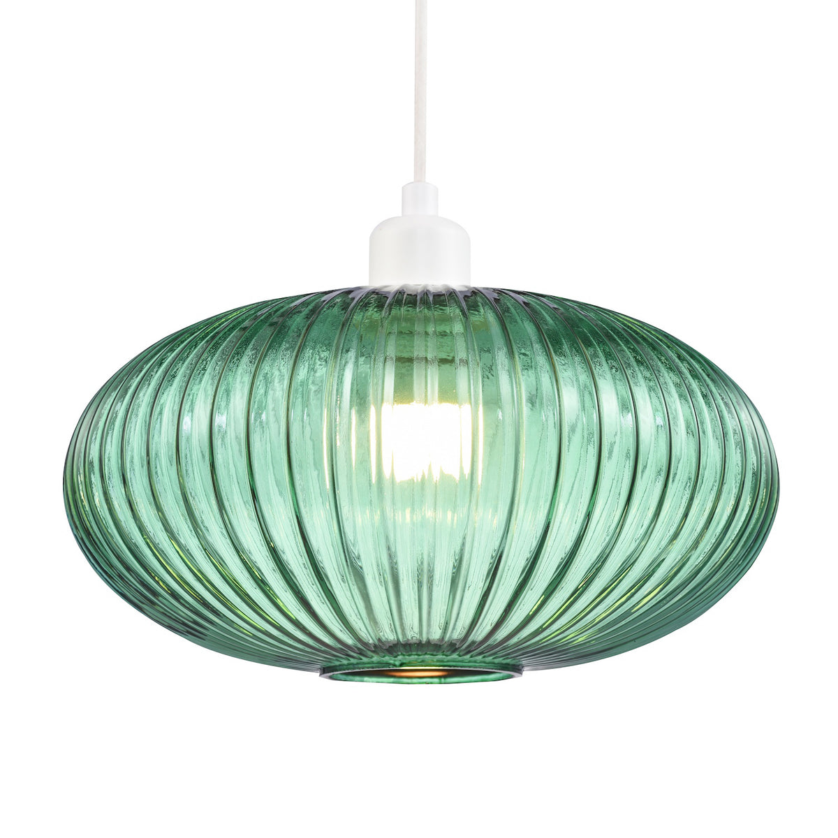 Modern Designer Emerald Forest Green Line Ribbed Glass Oval Pendant Lamp Shade