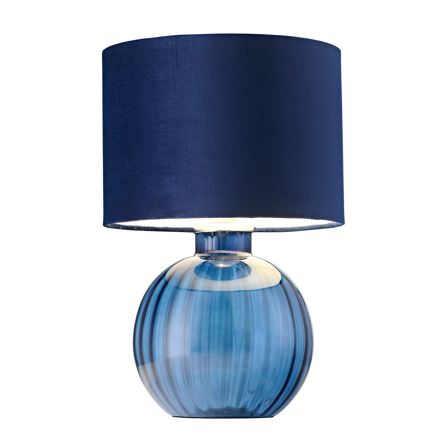 Contemporary Midnight Blue Ribbed Glass Table Lamp with Navy Blue Velvet Shade Image 2