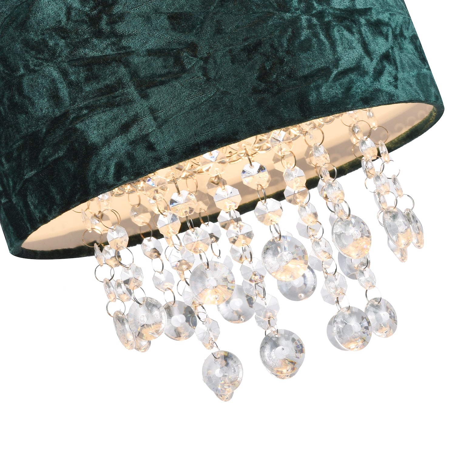 Modern Forest Green Crushed Velvet Pendant Shade with Clear Acrylic Droplets Image 3