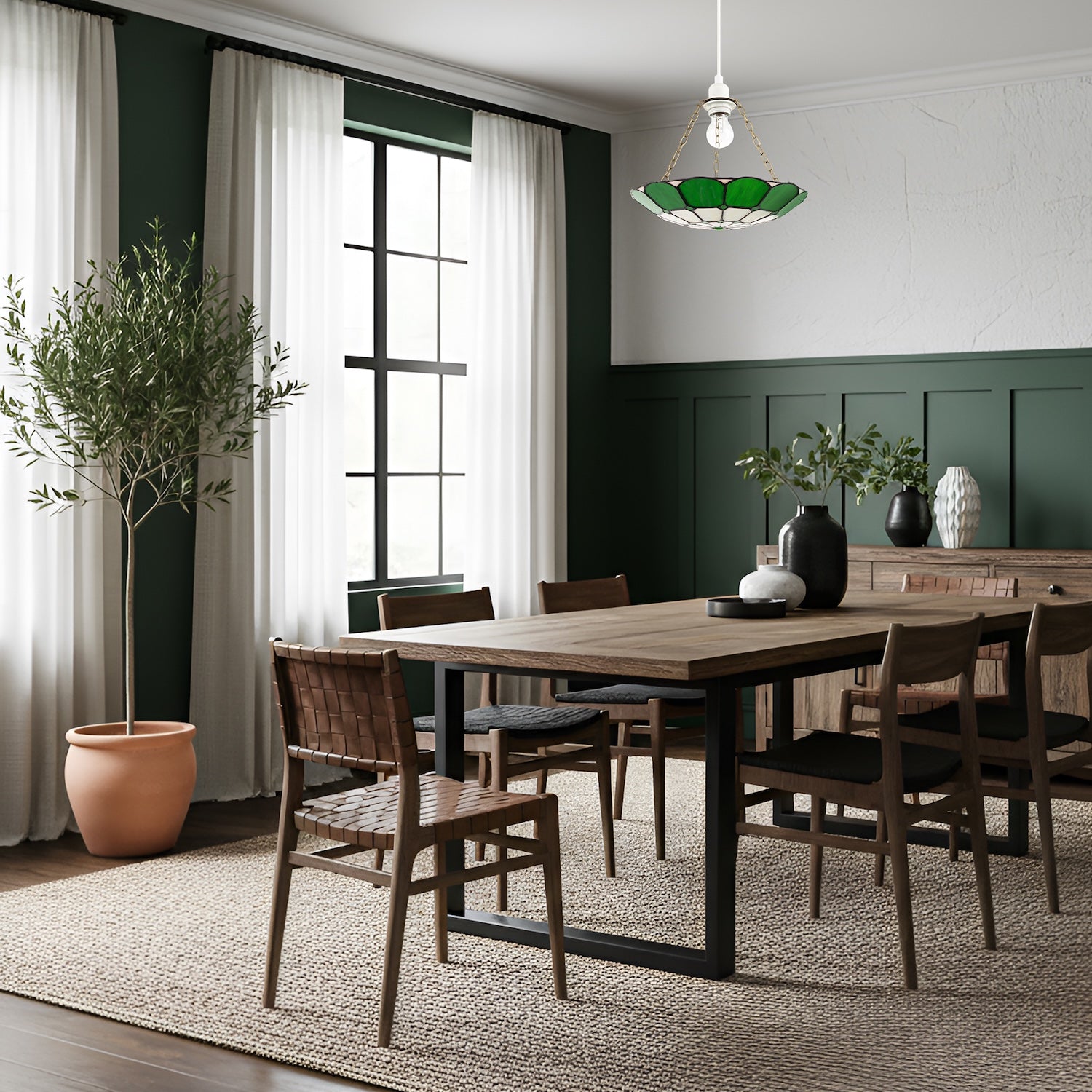 Dark Emerald Green and Opal White Tiffany Glass Pendant Lighting Shade Image 6