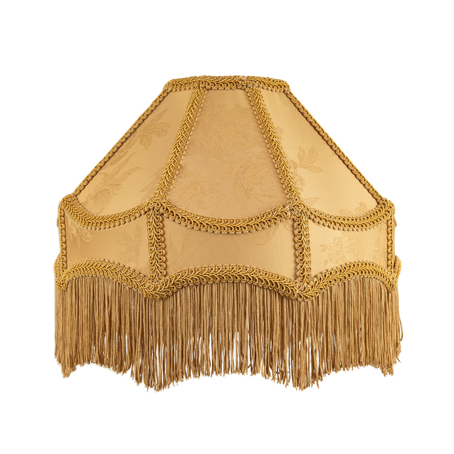 Gold Faux Silk Victorian Lamp Shade with Textured Floral Decor and Long Tassels Image 1