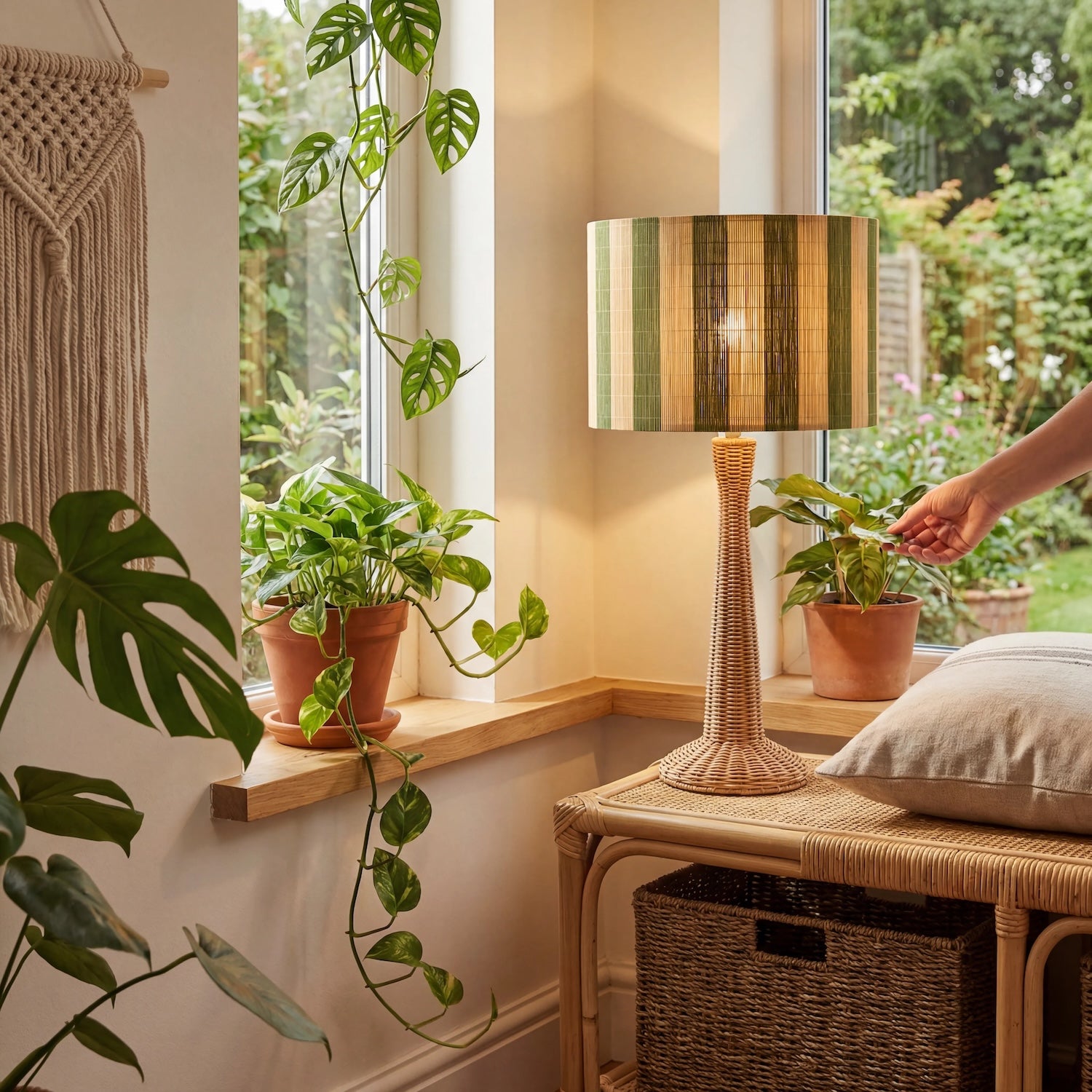 Chic Natural Brown Bamboo Lamp Shade with Garden Olive Green Stripes Image 6