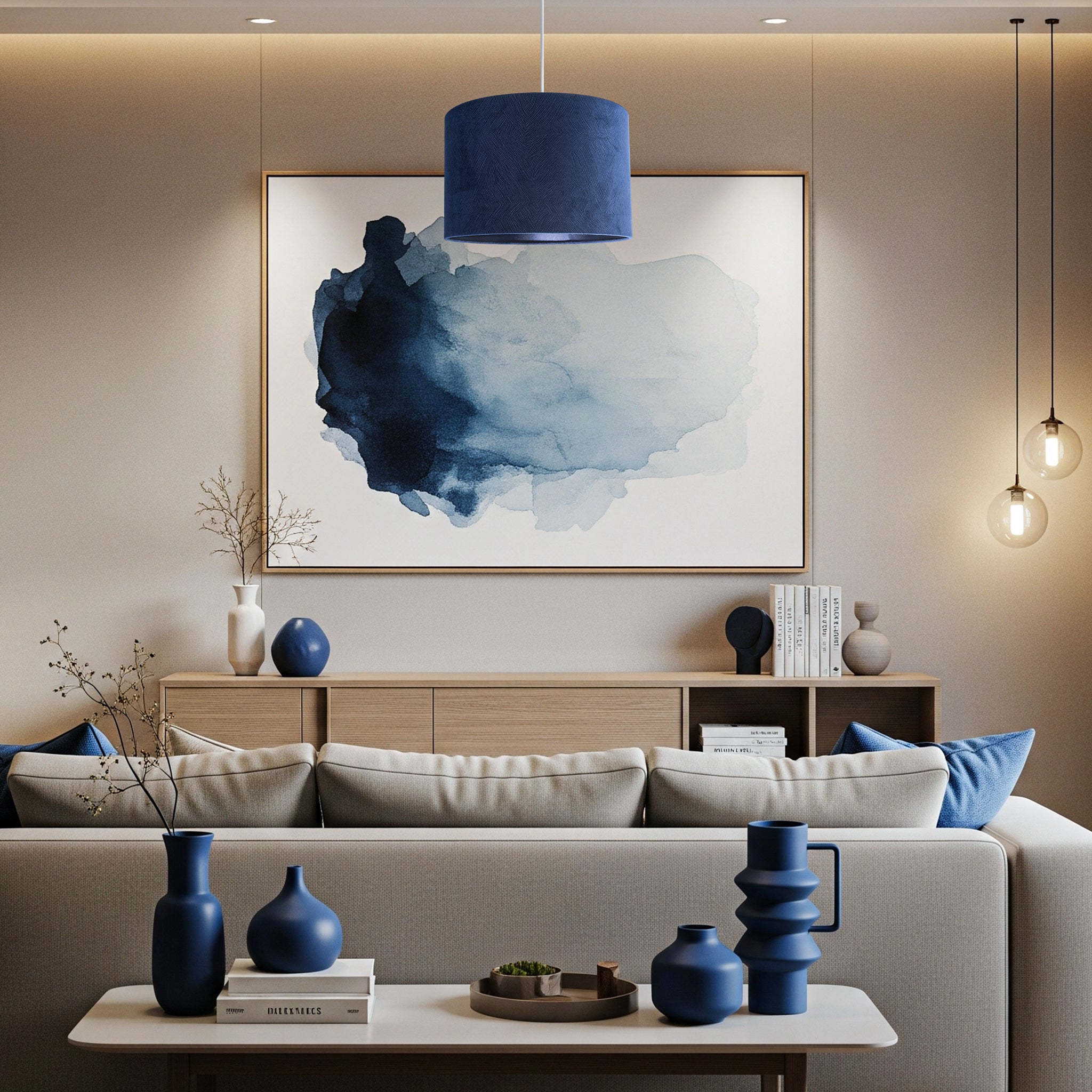 Contemporary Thin Lined Midnight Blue Velvet Fabric Round Lamp Shade Image 6