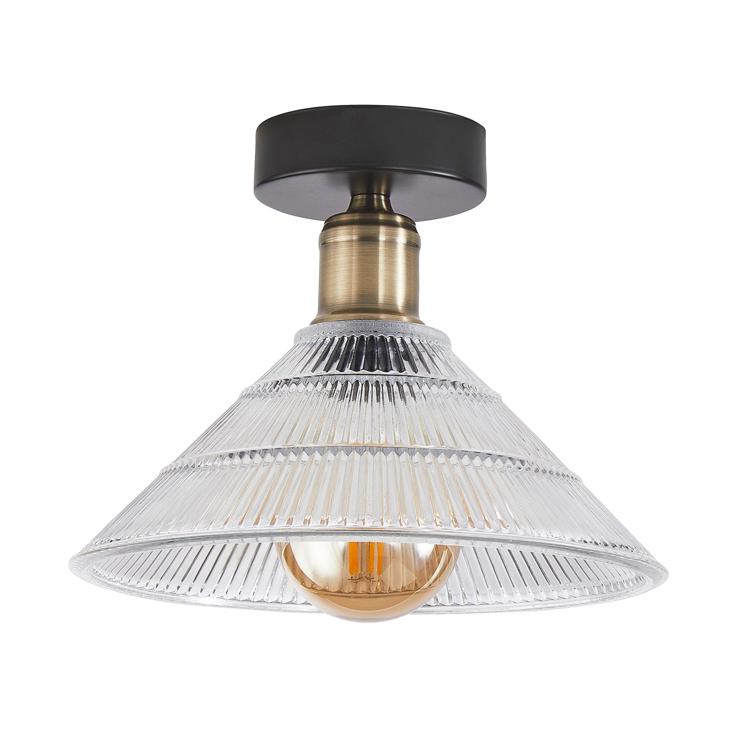 Modern Industrial Semi Flush Ceiling Light in Matte Black and Ribbed Clear Glass Image 1