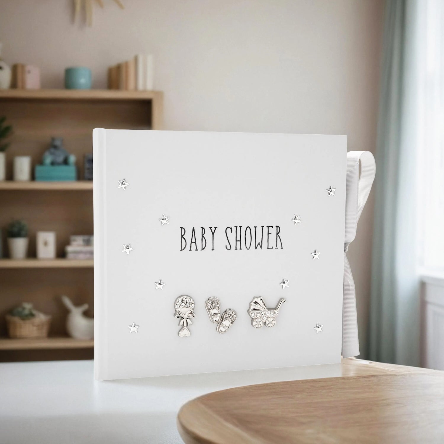 Baby Shower Photo Album with Silver Plated Rattle Pram and Booties Image 7