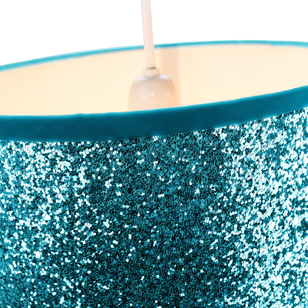 Modern and Designer Bright Teal Glitter Fabric Pendant/Lamp Shade 25cm Wide Image 2